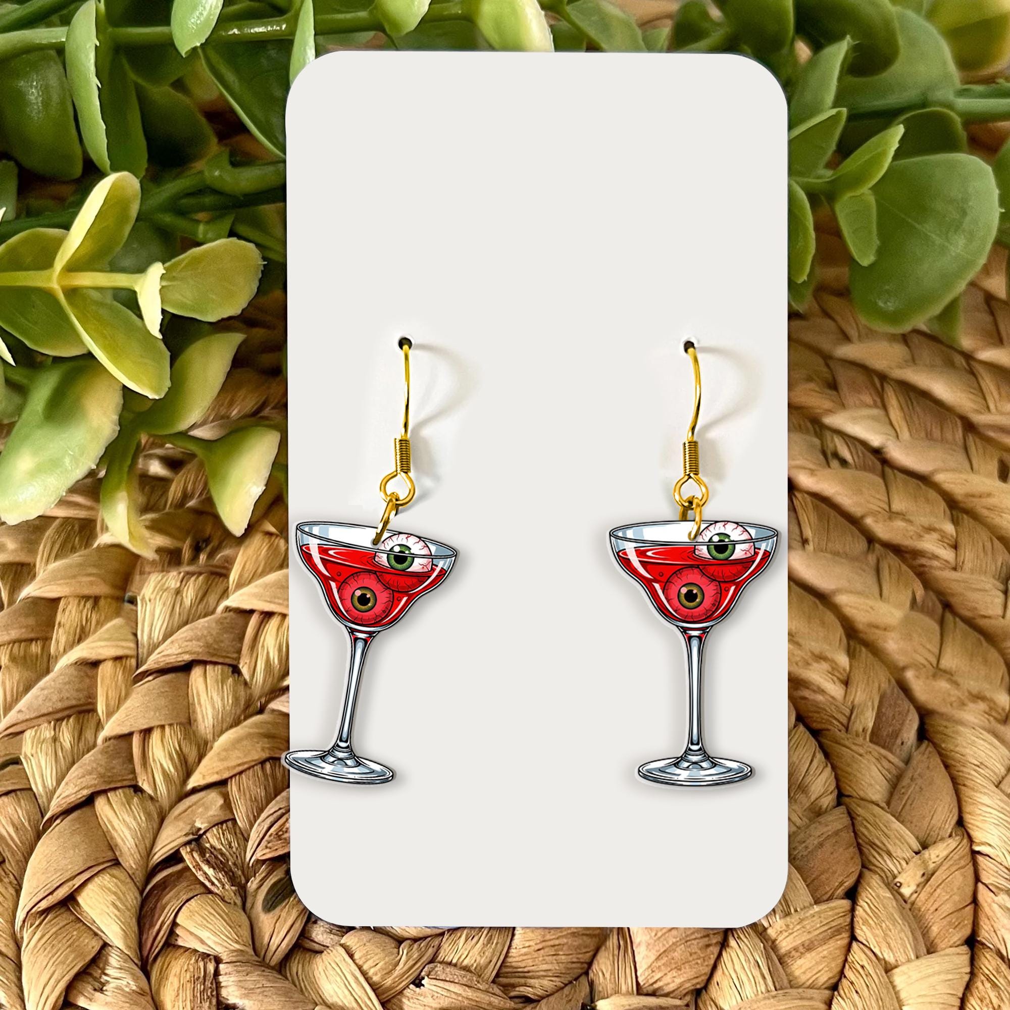 Halloween Cocktail Earrings – Spooky Drink Eyeball Dangle Earrings – Funny Halloween Jewelry