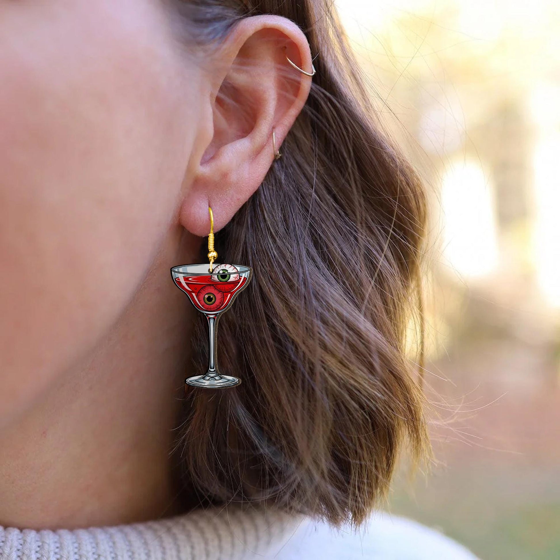 Halloween Cocktail Earrings – Spooky Drink Eyeball Dangle Earrings – Funny Halloween Jewelry