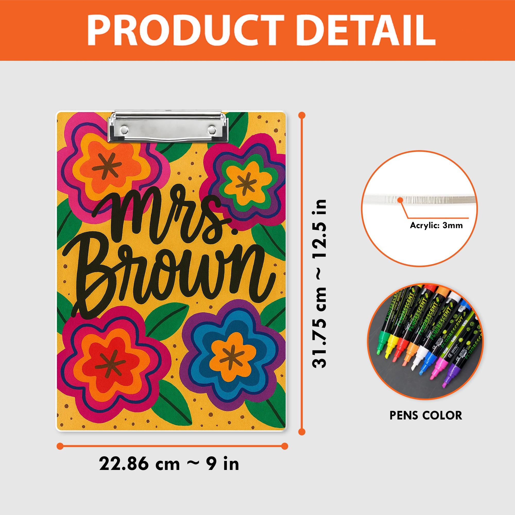 Personalized Teacher Clipboard – Custom Name with Bold Floral Design – Bright Classroom Gift for Teachers, Educators, Back to School Office
