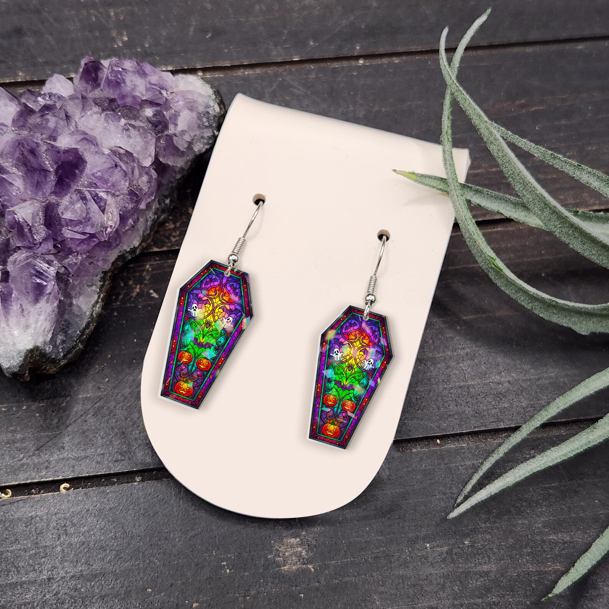 Halloween Coffin Earrings – Colorful Skull Pumpkin Dangle – Spooky Stained Glass Jewelry