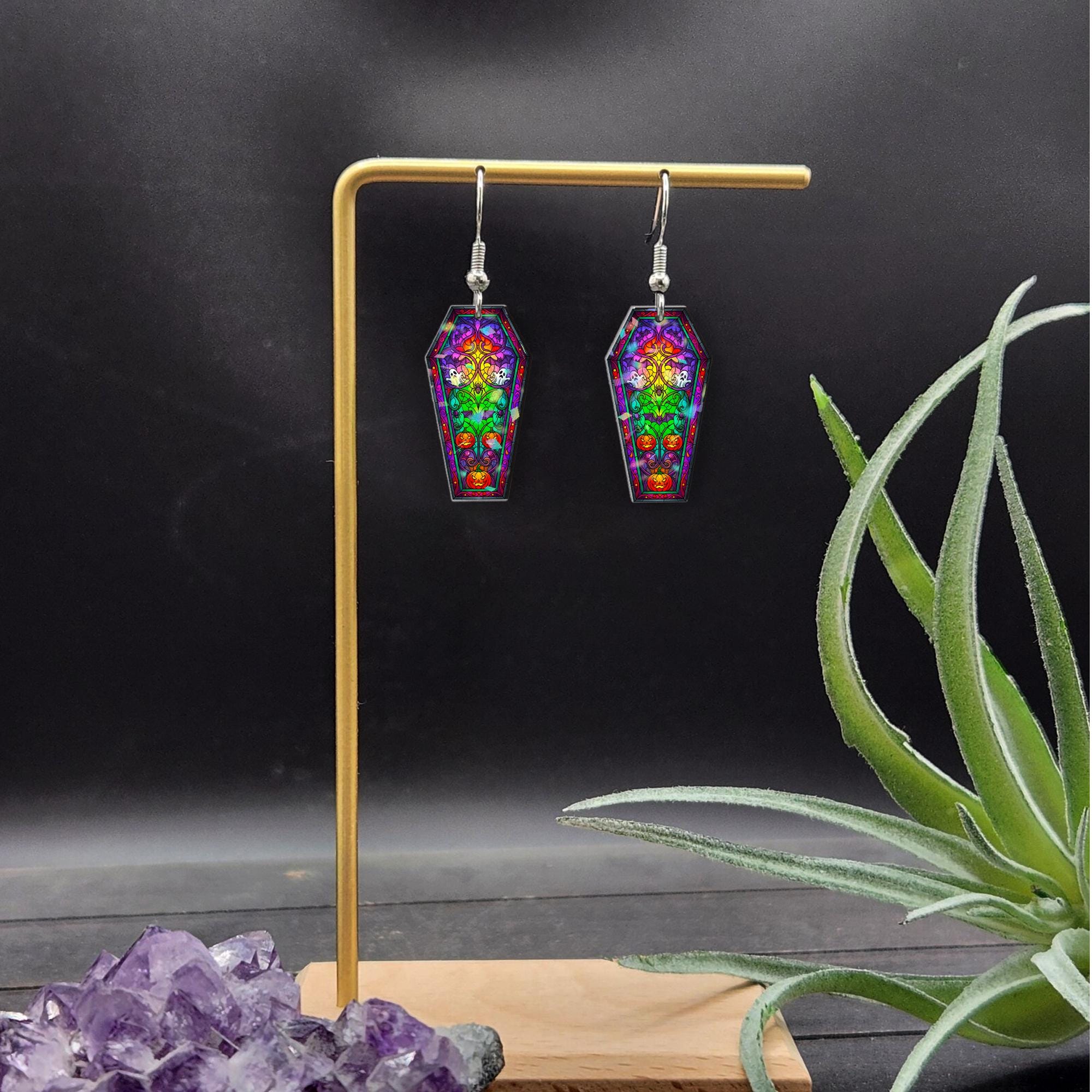 Halloween Coffin Earrings – Colorful Skull Pumpkin Dangle – Spooky Stained Glass Jewelry