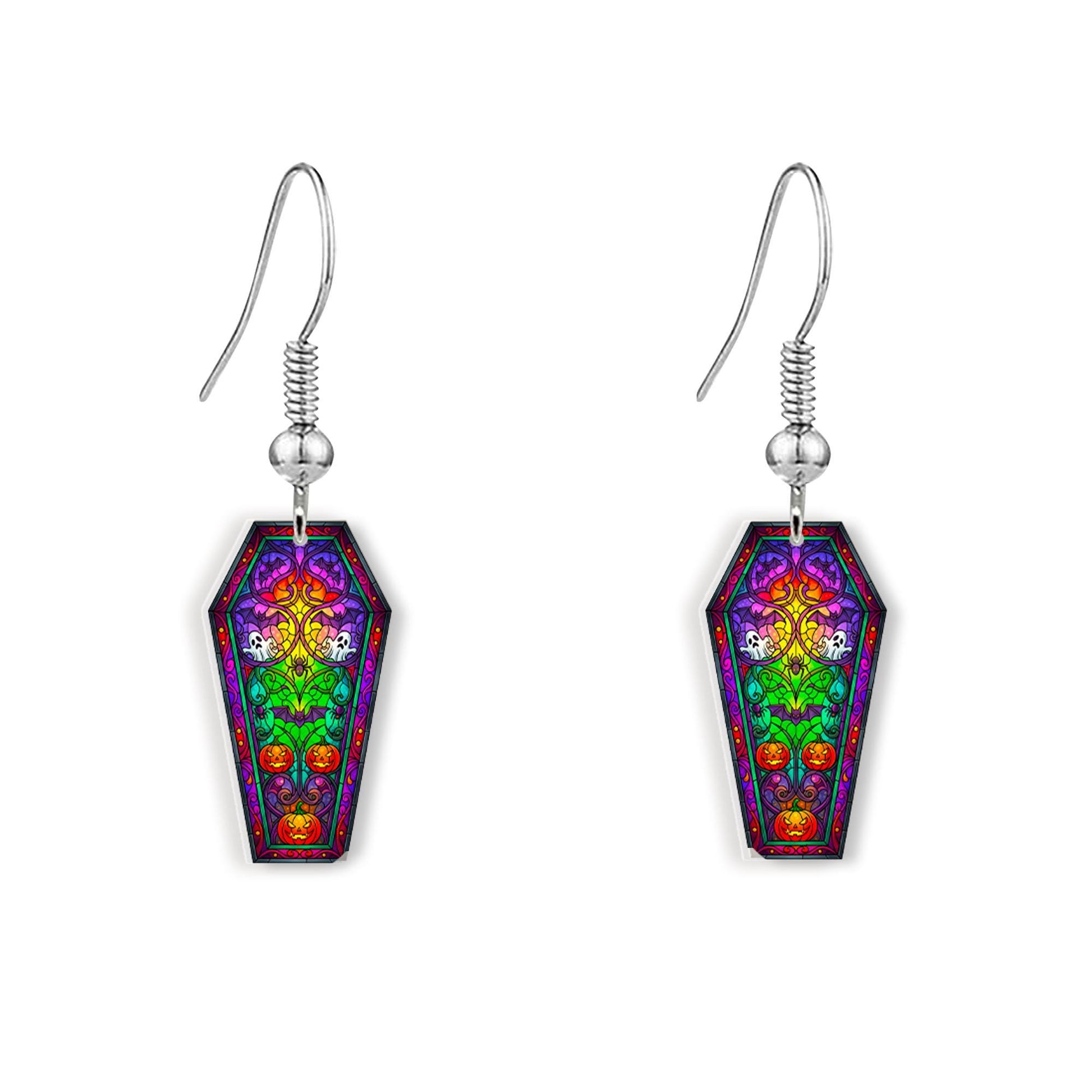 Halloween Coffin Earrings – Colorful Skull Pumpkin Dangle – Spooky Stained Glass Jewelry