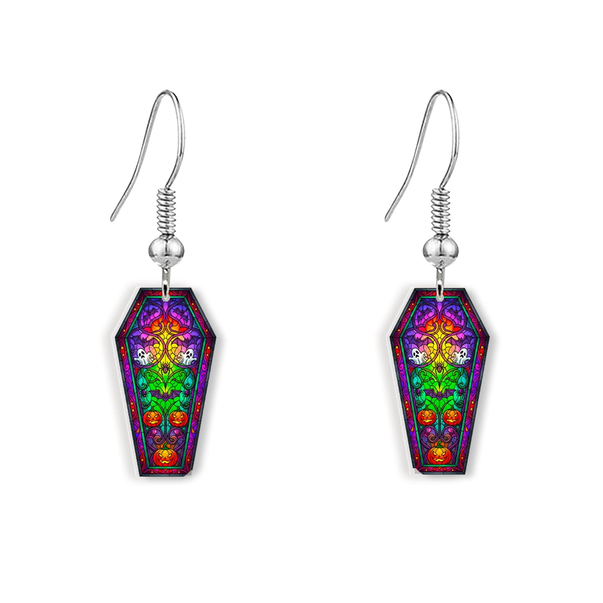 Halloween Coffin Earrings – Colorful Skull Pumpkin Dangle – Spooky Stained Glass Jewelry