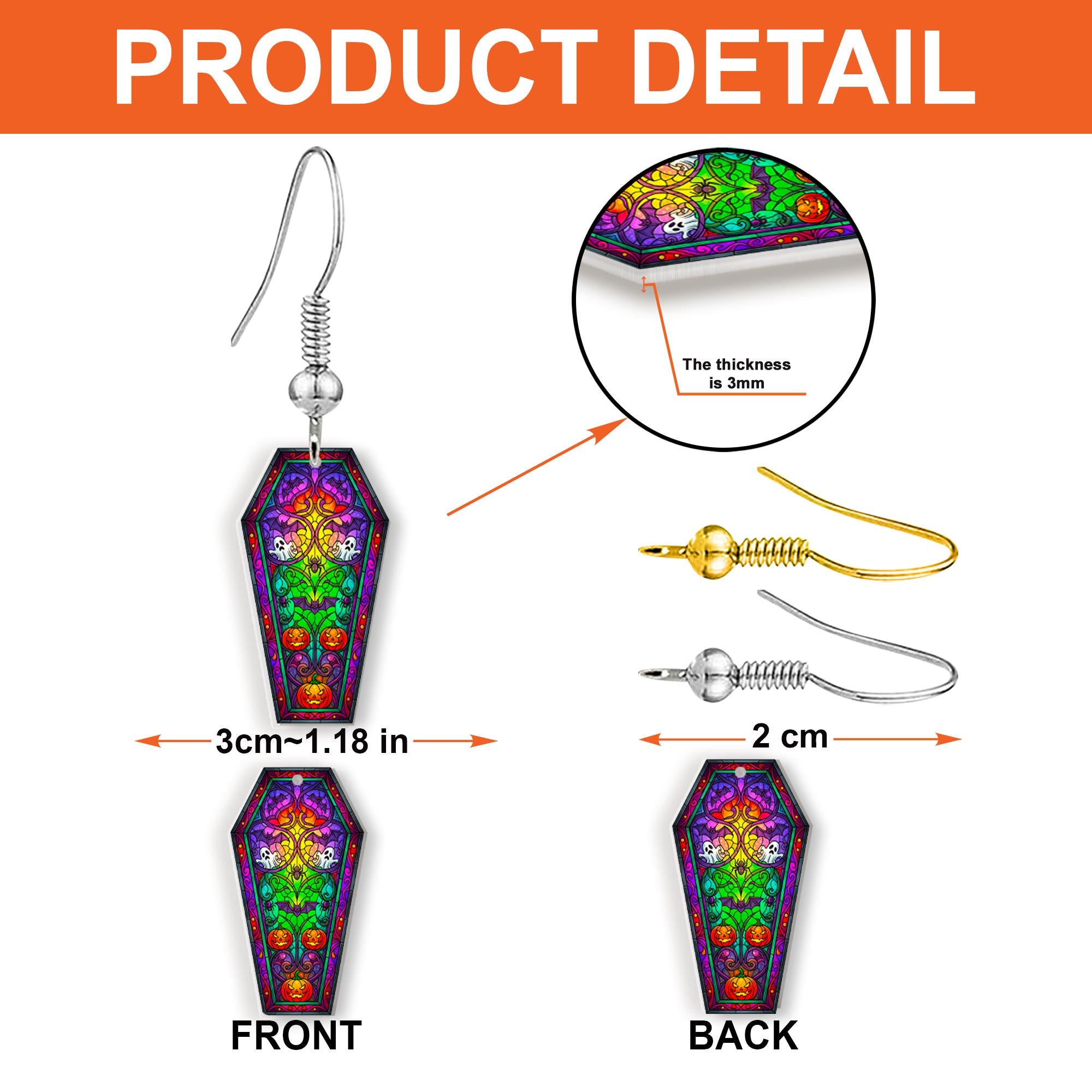 Halloween Coffin Earrings – Colorful Skull Pumpkin Dangle – Spooky Stained Glass Jewelry