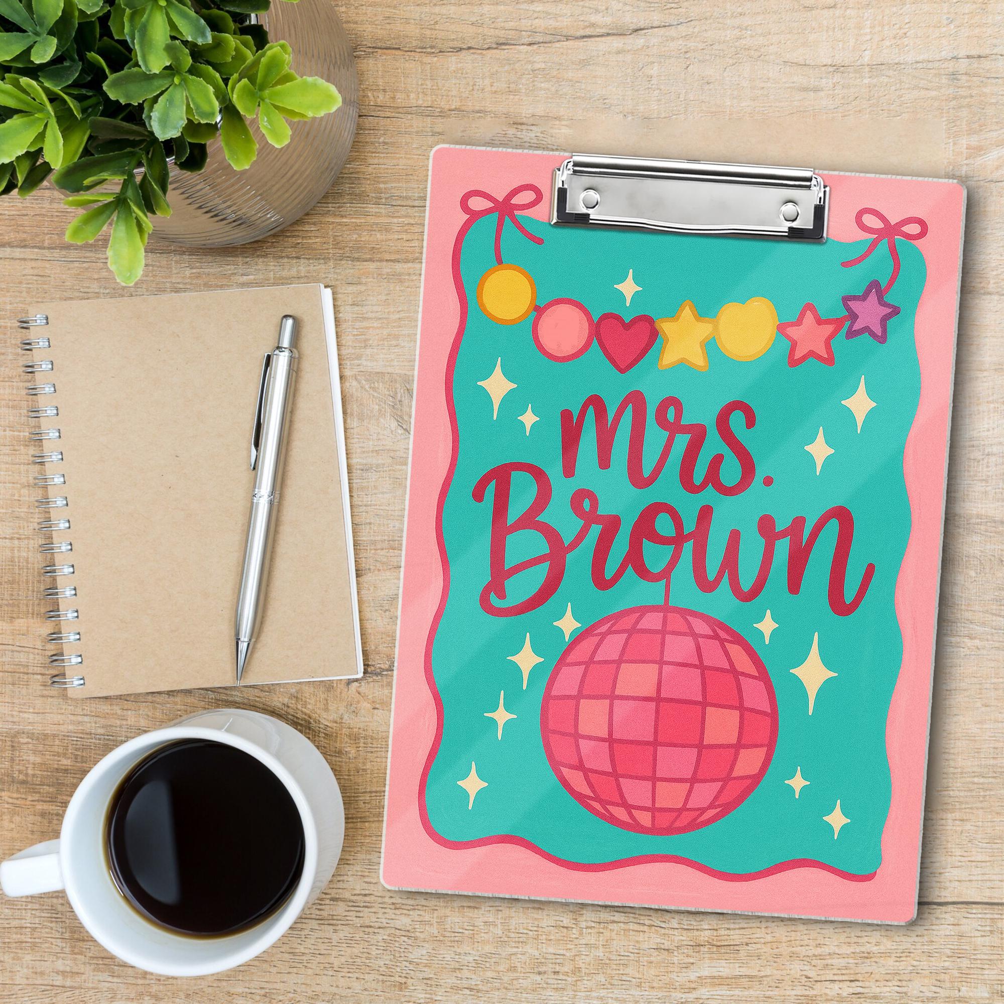 Custom Teacher Clipboard – Personalized Name with Disco Ball & Garland Design – Fun, Colorful Gift for Teachers, Educators, Back to School