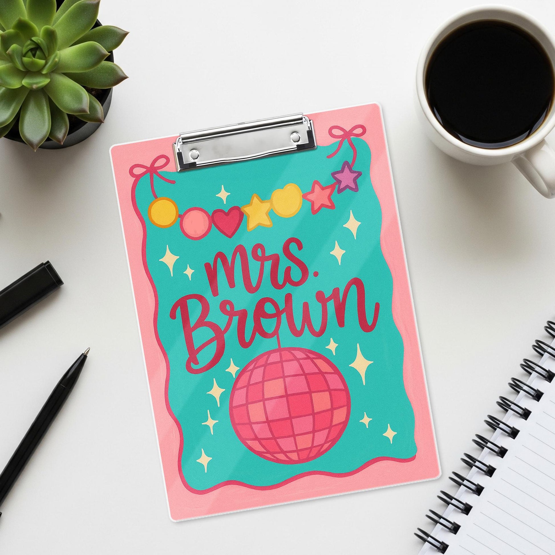 Custom Teacher Clipboard – Personalized Name with Disco Ball & Garland Design – Fun, Colorful Gift for Teachers, Educators, Back to School