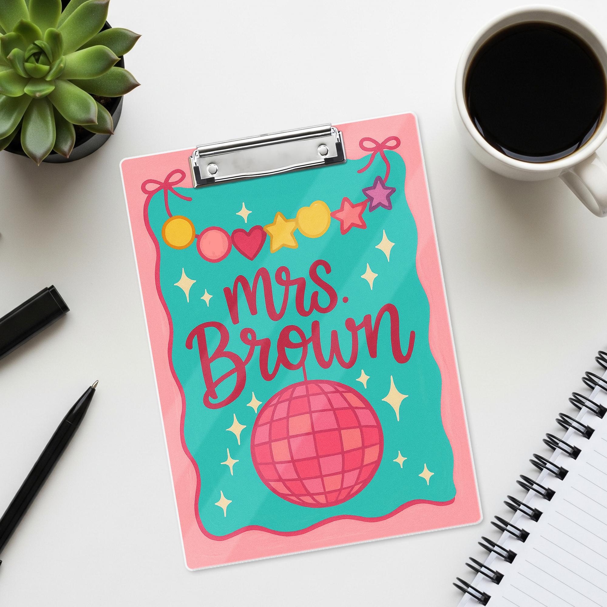 Custom Teacher Clipboard – Personalized Name with Disco Ball & Garland Design – Fun, Colorful Gift for Teachers, Educators, Back to School