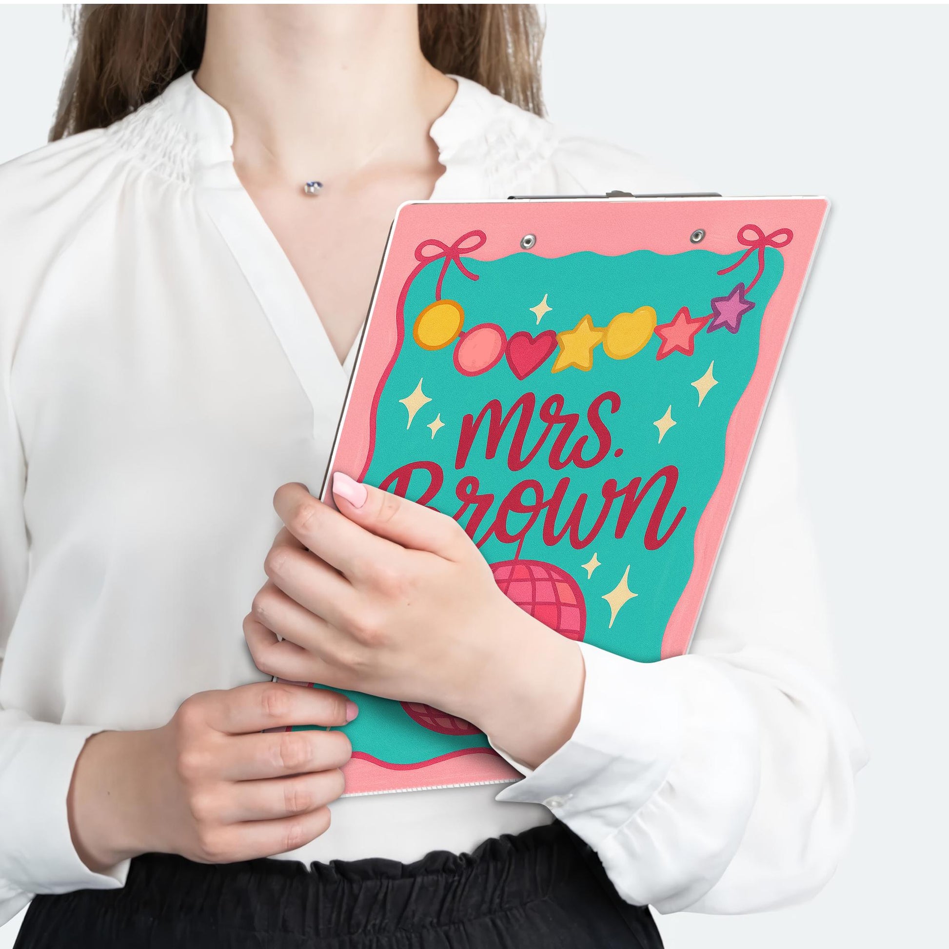 Custom Teacher Clipboard – Personalized Name with Disco Ball & Garland Design – Fun, Colorful Gift for Teachers, Educators, Back to School