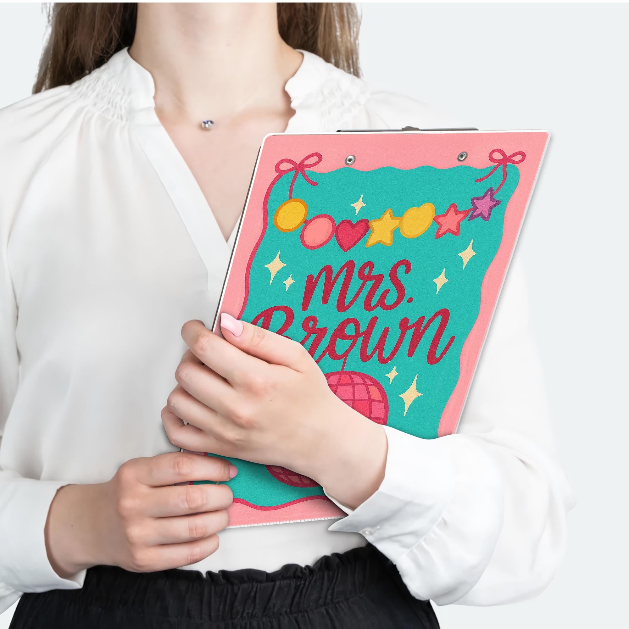Custom Teacher Clipboard – Personalized Name with Disco Ball & Garland Design – Fun, Colorful Gift for Teachers, Educators, Back to School