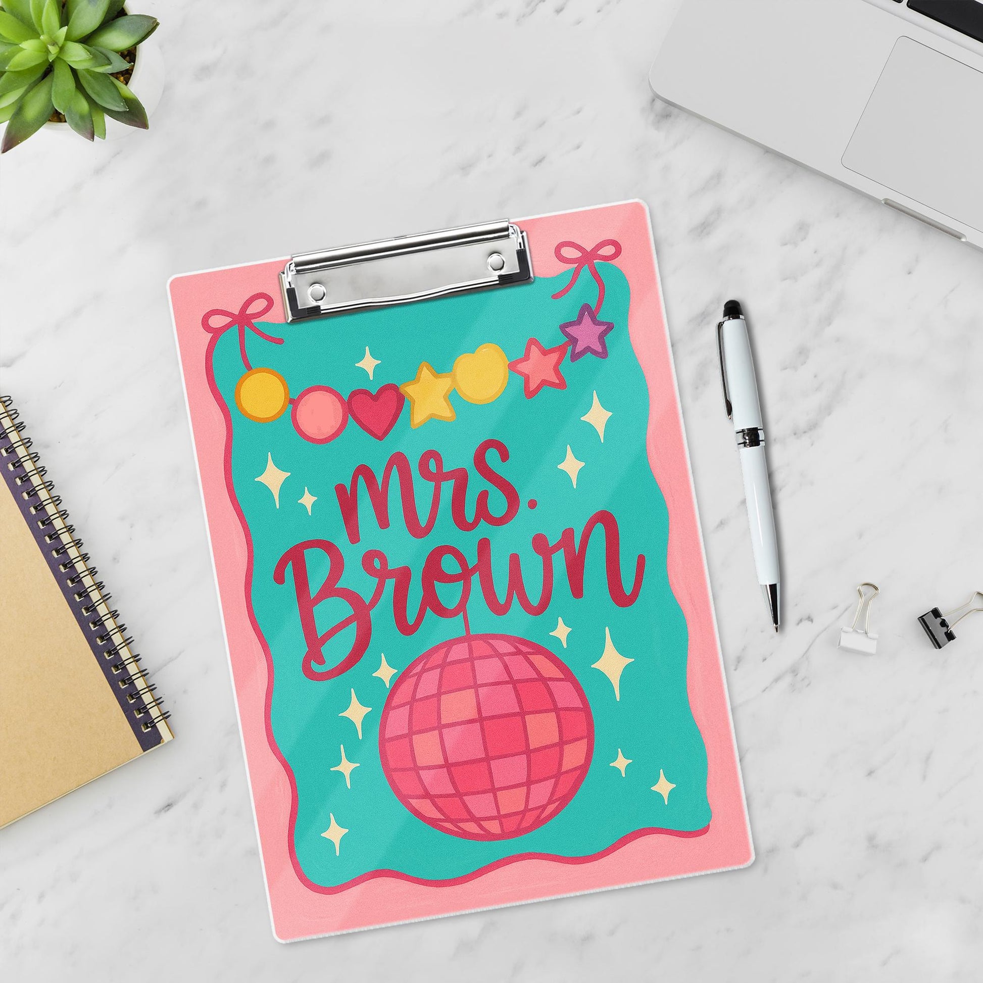 Custom Teacher Clipboard – Personalized Name with Disco Ball & Garland Design – Fun, Colorful Gift for Teachers, Educators, Back to School