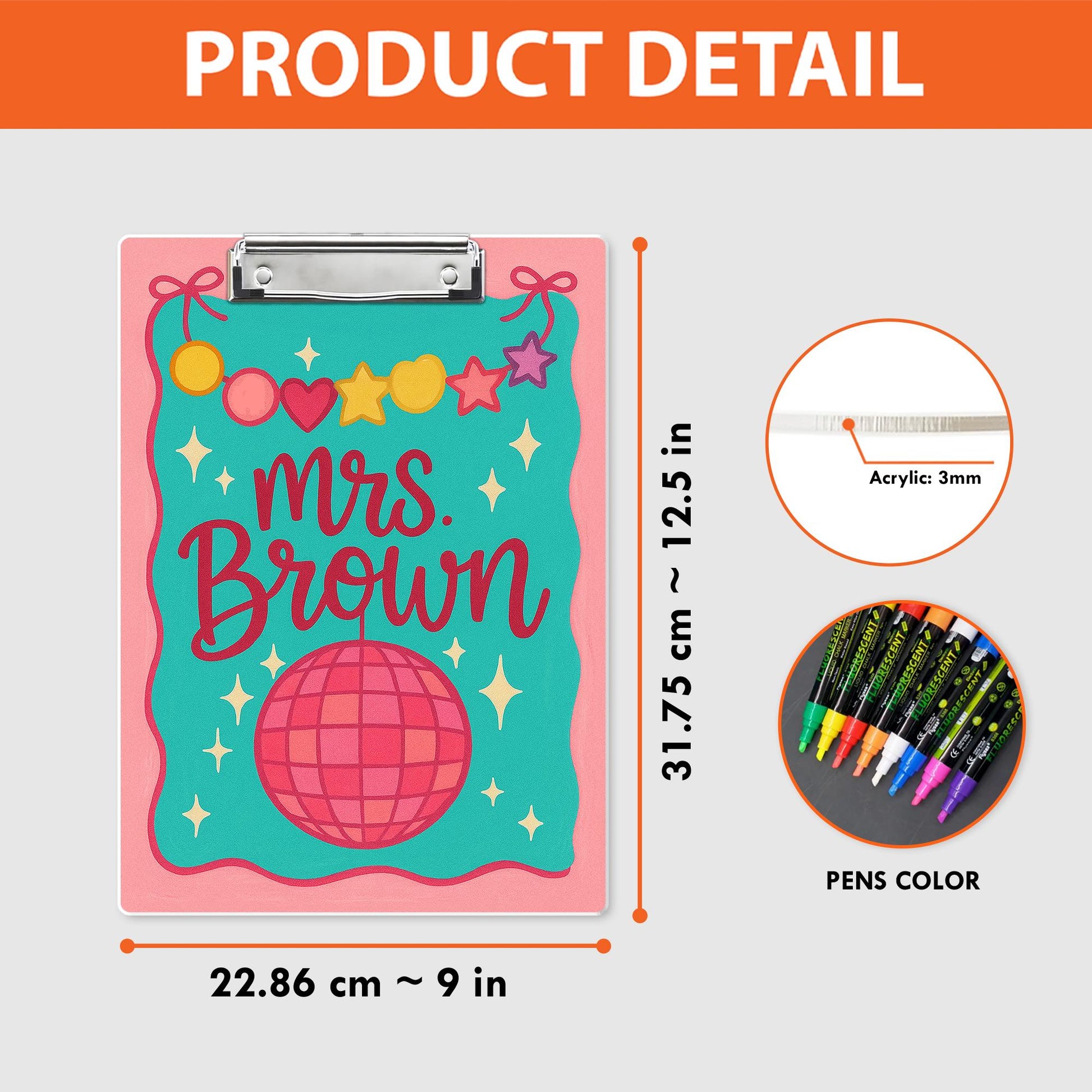 Custom Teacher Clipboard – Personalized Name with Disco Ball & Garland Design – Fun, Colorful Gift for Teachers, Educators, Back to School