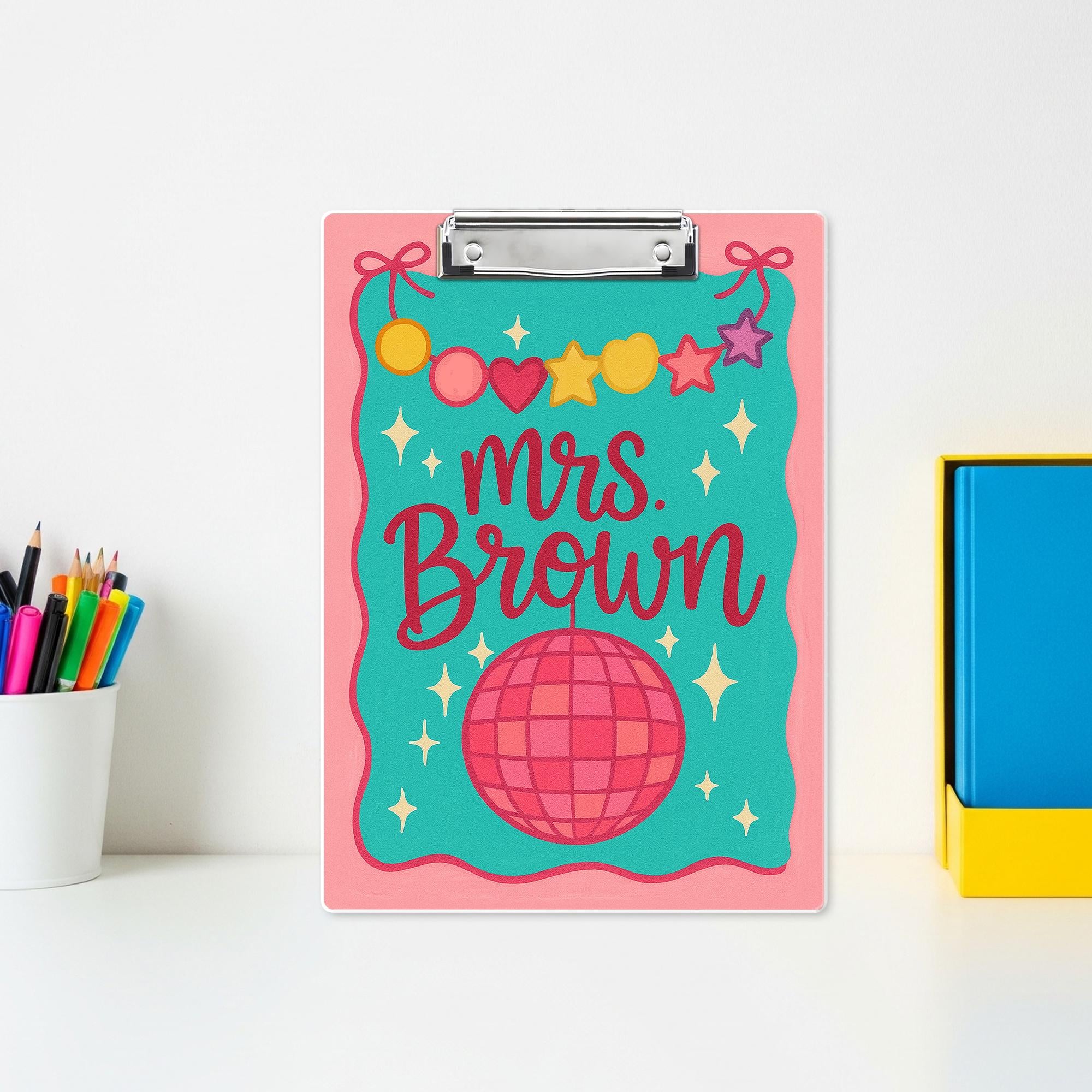 Custom Teacher Clipboard – Personalized Name with Disco Ball & Garland Design – Fun, Colorful Gift for Teachers, Educators, Back to School