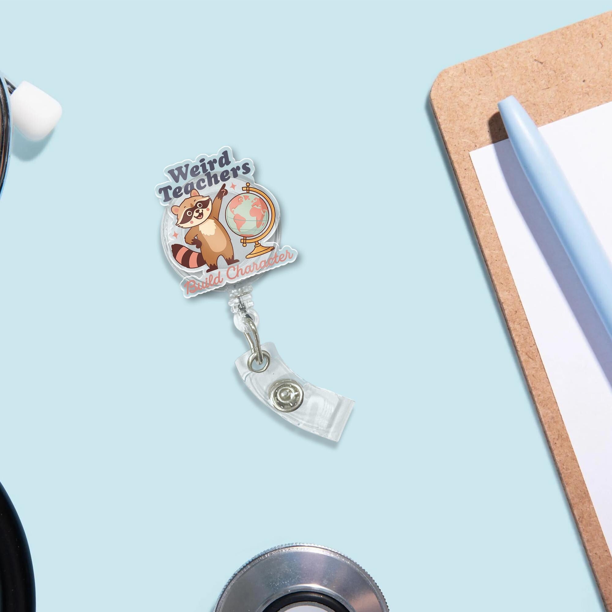 Funny Teacher Badge Reel - "Weird Teachers Build Character" Raccoon ID Holder | Cute Retractable Badge Clip for Educators