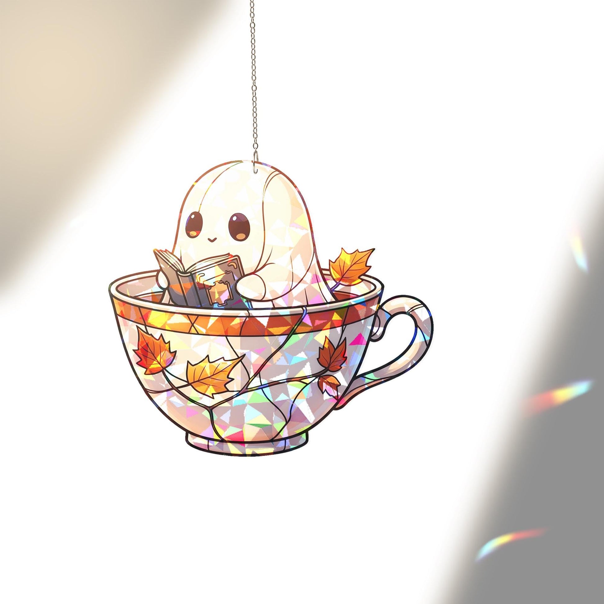 Holographic Ghost Teacup Window Hanging, Fall Leaf Sun Catcher, Cute Ghost Book Lover Decor, Autumn Halloween Window Decoration