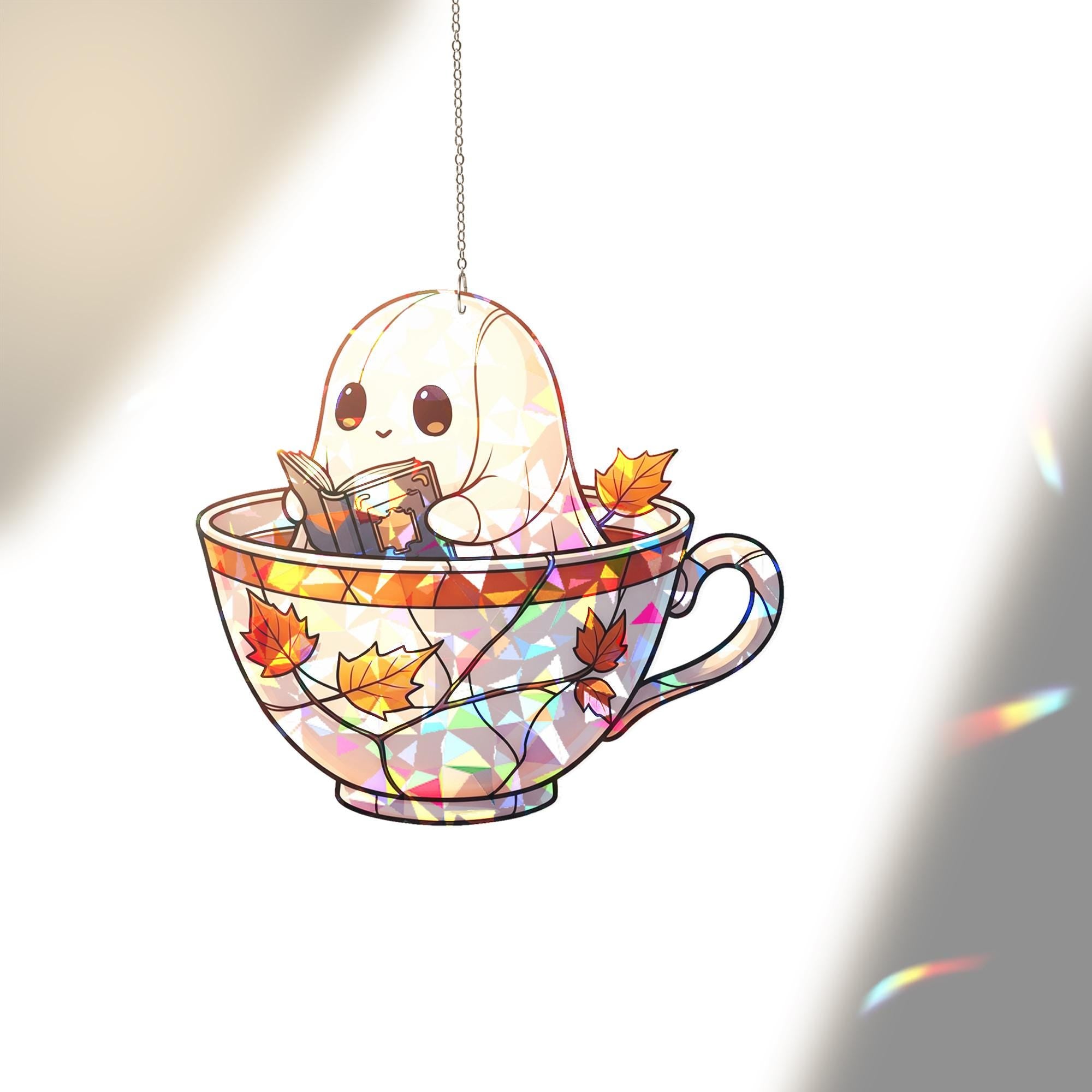 Holographic Ghost Teacup Window Hanging, Fall Leaf Sun Catcher, Cute Ghost Book Lover Decor, Autumn Halloween Window Decoration