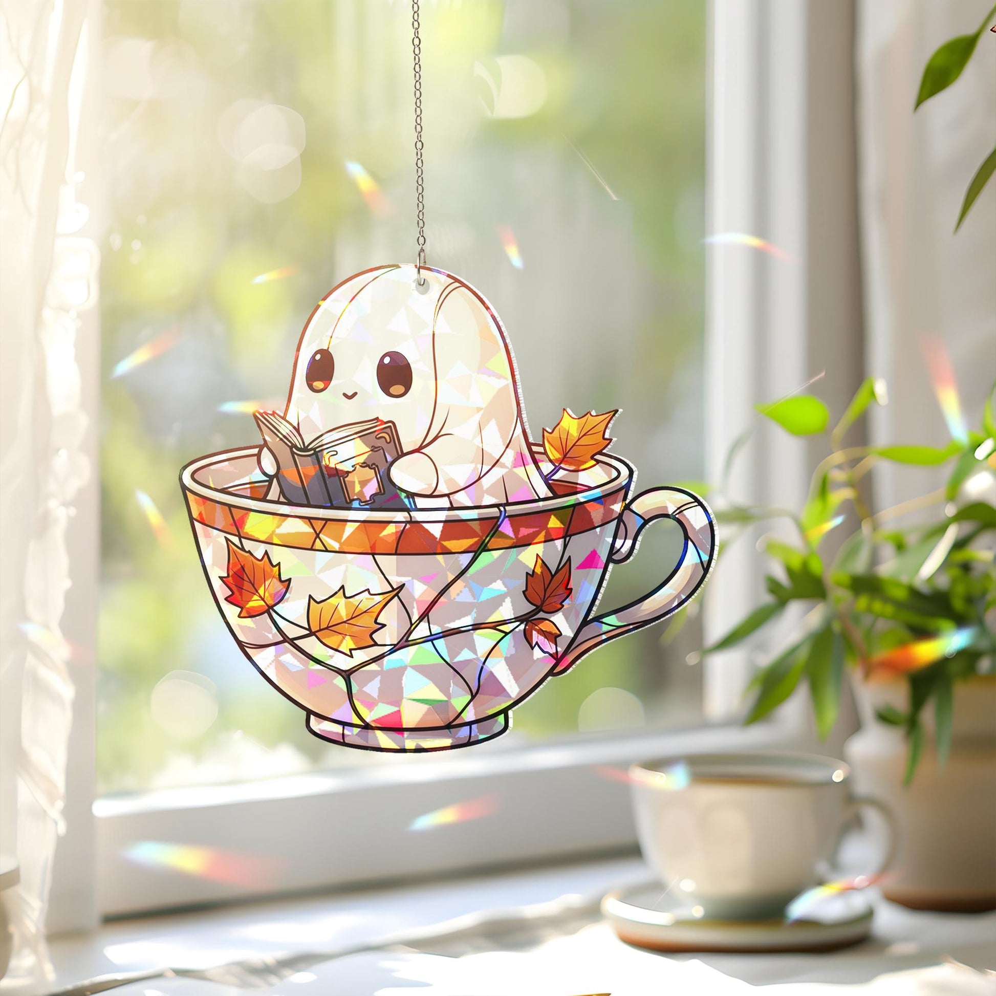 Holographic Ghost Teacup Window Hanging, Fall Leaf Sun Catcher, Cute Ghost Book Lover Decor, Autumn Halloween Window Decoration