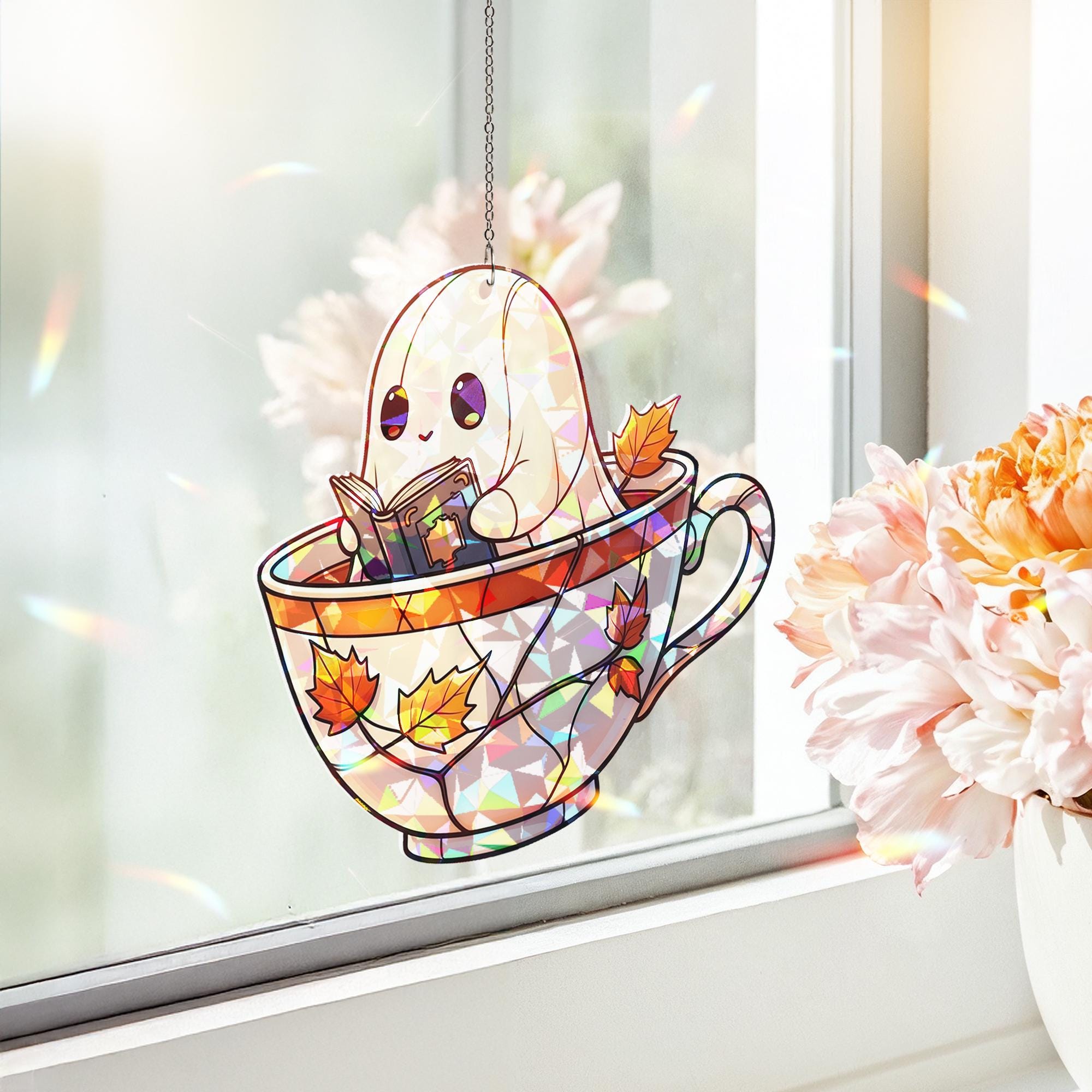 Holographic Ghost Teacup Window Hanging, Fall Leaf Sun Catcher, Cute Ghost Book Lover Decor, Autumn Halloween Window Decoration