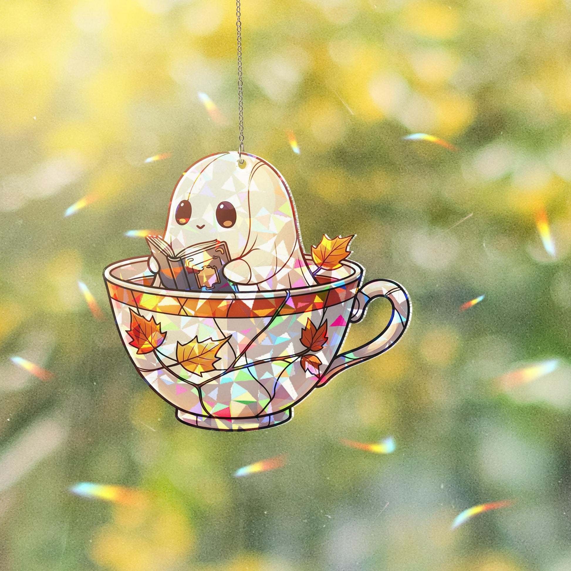Holographic Ghost Teacup Window Hanging, Fall Leaf Sun Catcher, Cute Ghost Book Lover Decor, Autumn Halloween Window Decoration