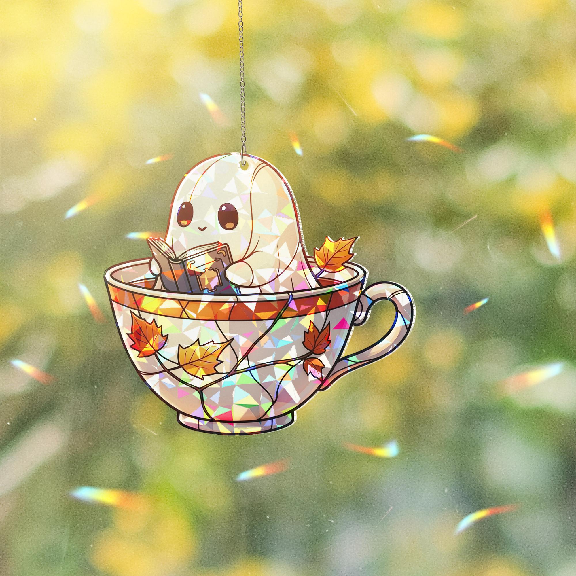 Holographic Ghost Teacup Window Hanging, Fall Leaf Sun Catcher, Cute Ghost Book Lover Decor, Autumn Halloween Window Decoration