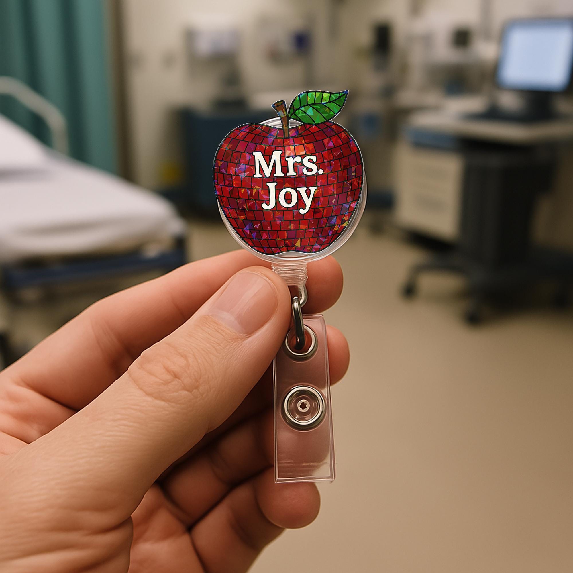 Personalized Teacher Badge Reel - Red Mosaic Apple ID Holder with Custom Name | Retractable Clip for School Staff & Educators