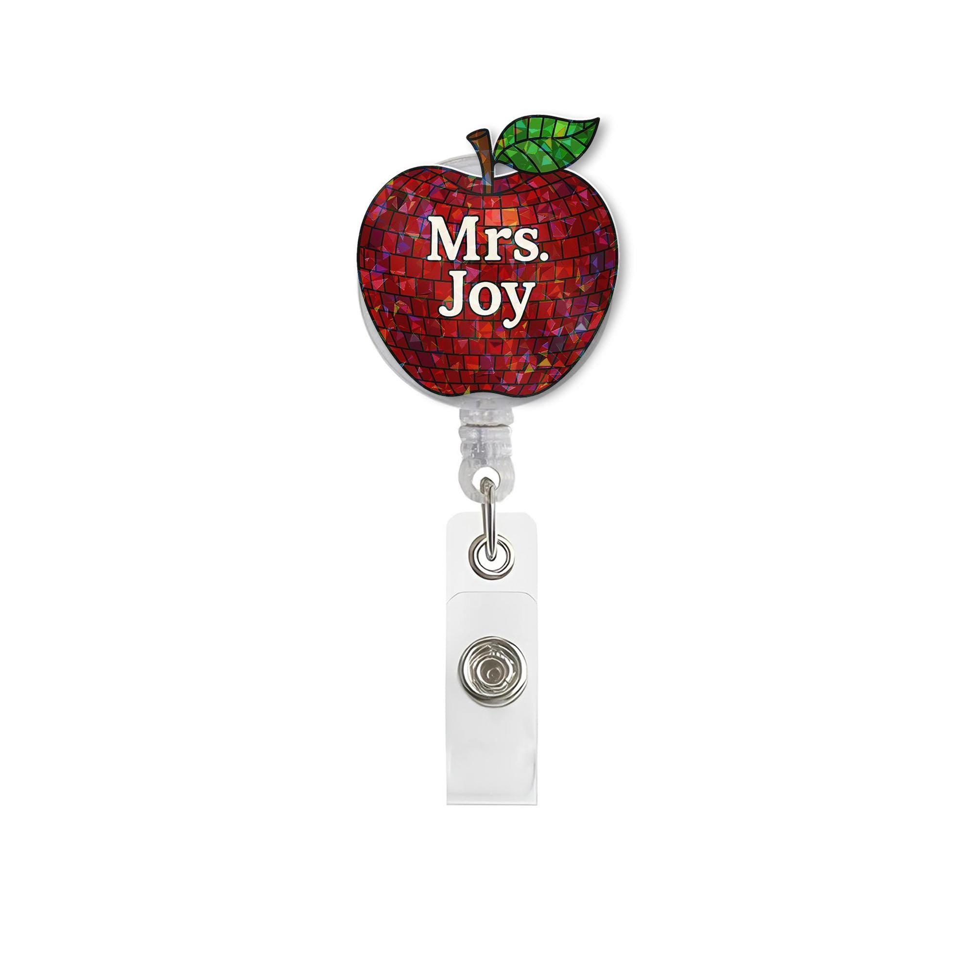 Personalized Teacher Badge Reel - Red Mosaic Apple ID Holder with Custom Name | Retractable Clip for School Staff & Educators