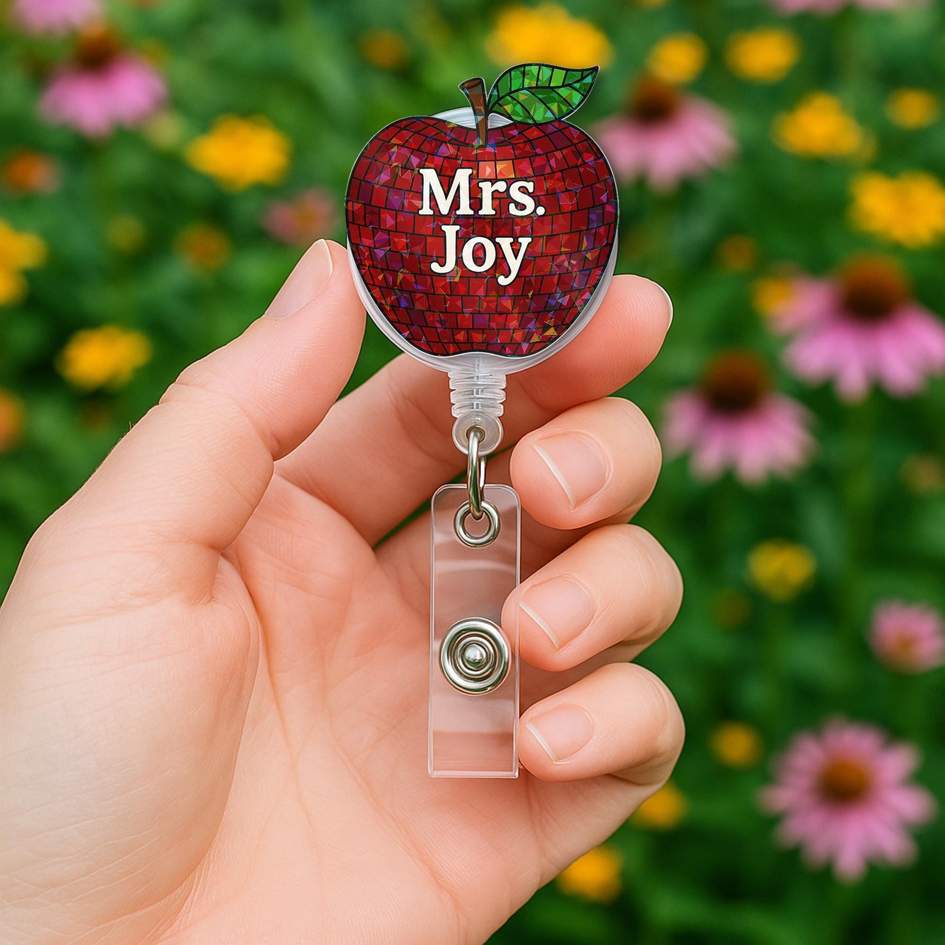 Personalized Teacher Badge Reel - Red Mosaic Apple ID Holder with Custom Name | Retractable Clip for School Staff & Educators
