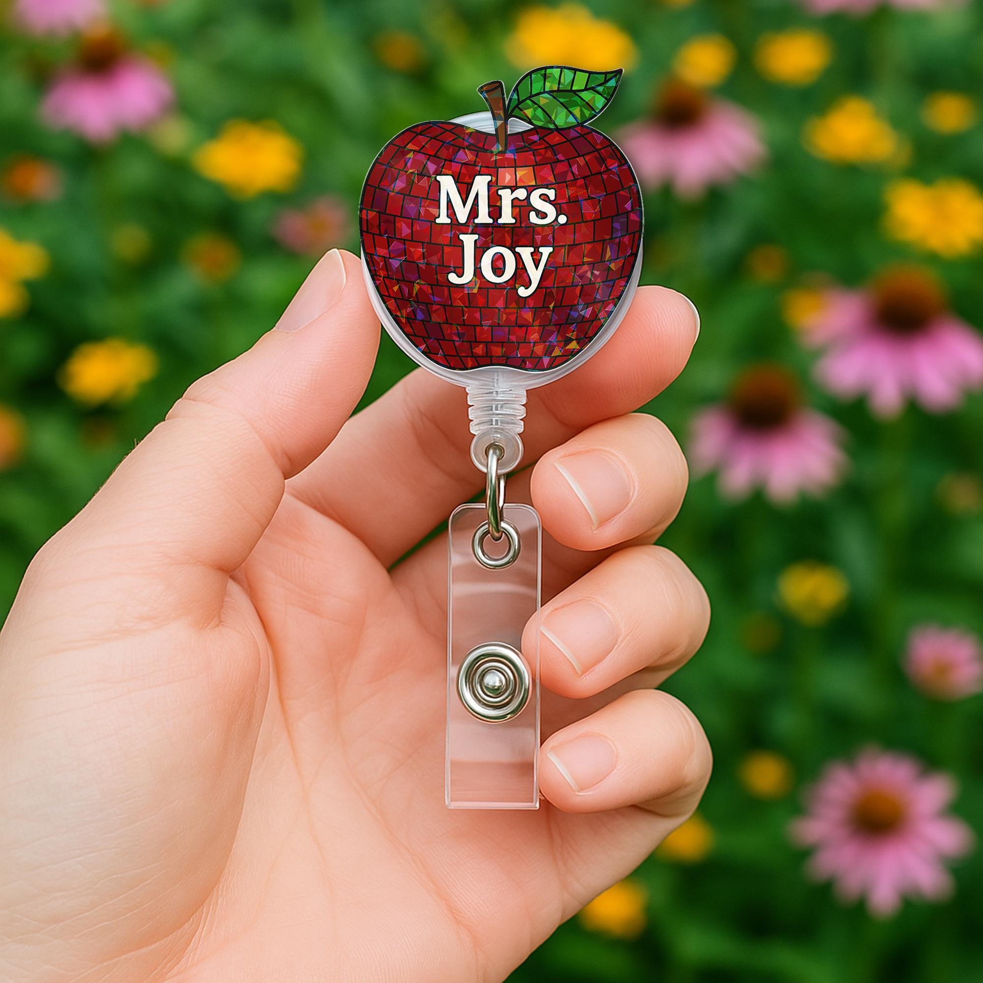 Personalized Teacher Badge Reel - Red Mosaic Apple ID Holder with Custom Name | Retractable Clip for School Staff & Educators