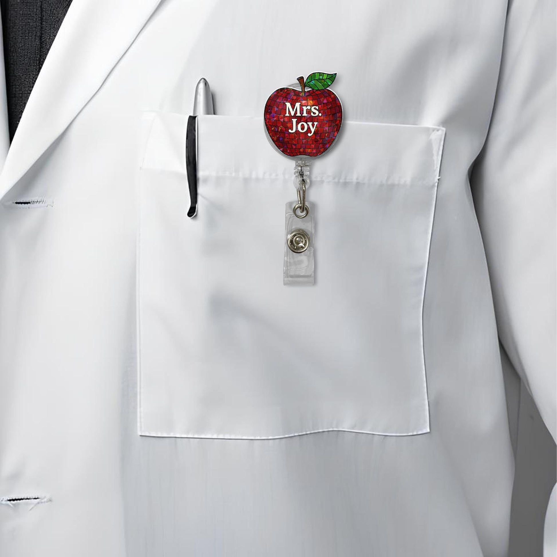 Personalized Teacher Badge Reel - Red Mosaic Apple ID Holder with Custom Name | Retractable Clip for School Staff & Educators