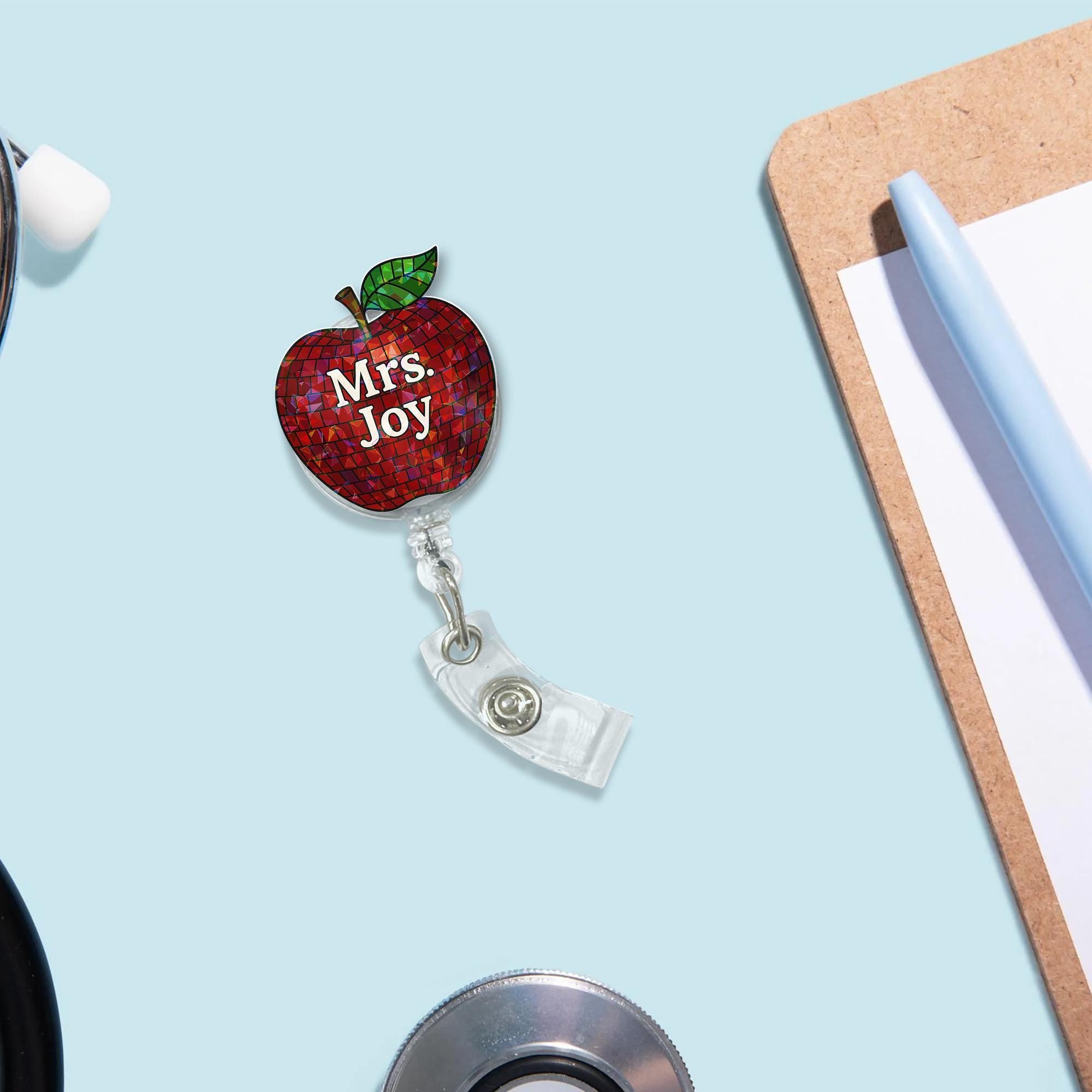 Personalized Teacher Badge Reel - Red Mosaic Apple ID Holder with Custom Name | Retractable Clip for School Staff & Educators