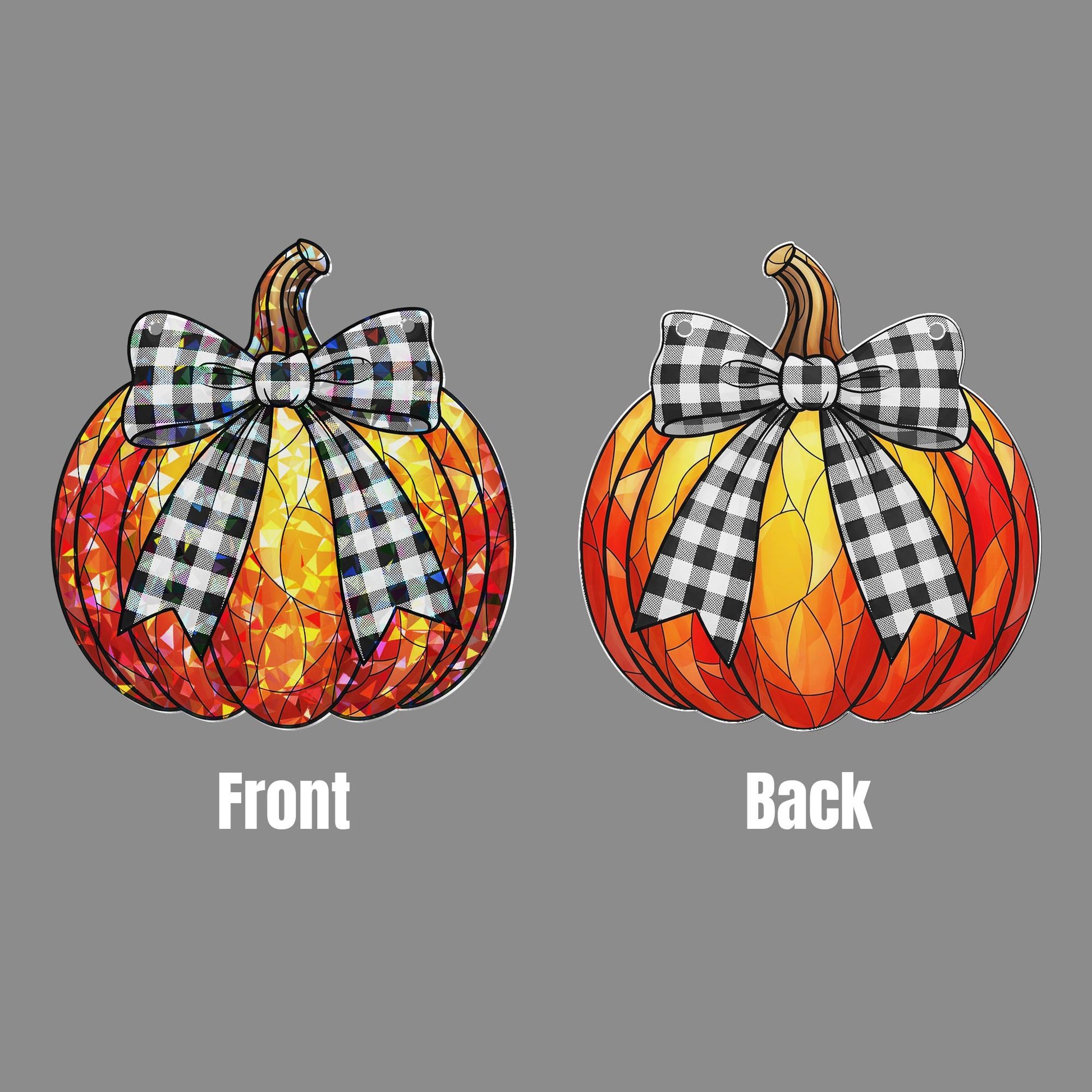 Holographic Pumpkin Window Hanging, Fall Sun Catcher with Buffalo Plaid Bow, Autumn Window Decor, Halloween Pumpkin Suncatcher