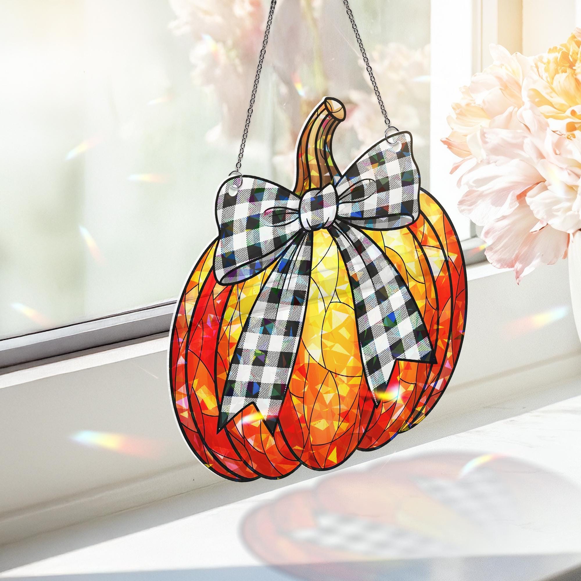Holographic Pumpkin Window Hanging, Fall Sun Catcher with Buffalo Plaid Bow, Autumn Window Decor, Halloween Pumpkin Suncatcher