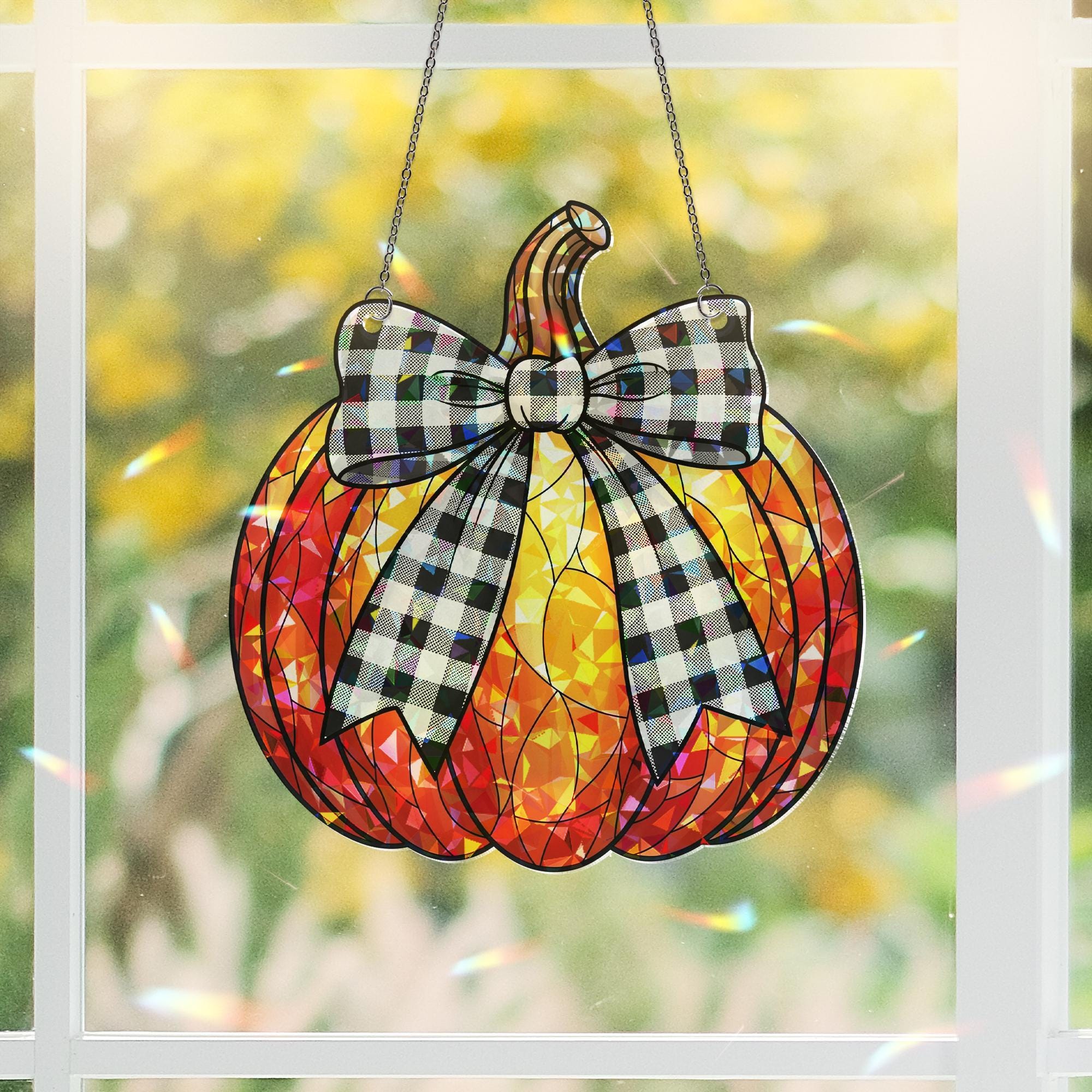Holographic Pumpkin Window Hanging, Fall Sun Catcher with Buffalo Plaid Bow, Autumn Window Decor, Halloween Pumpkin Suncatcher