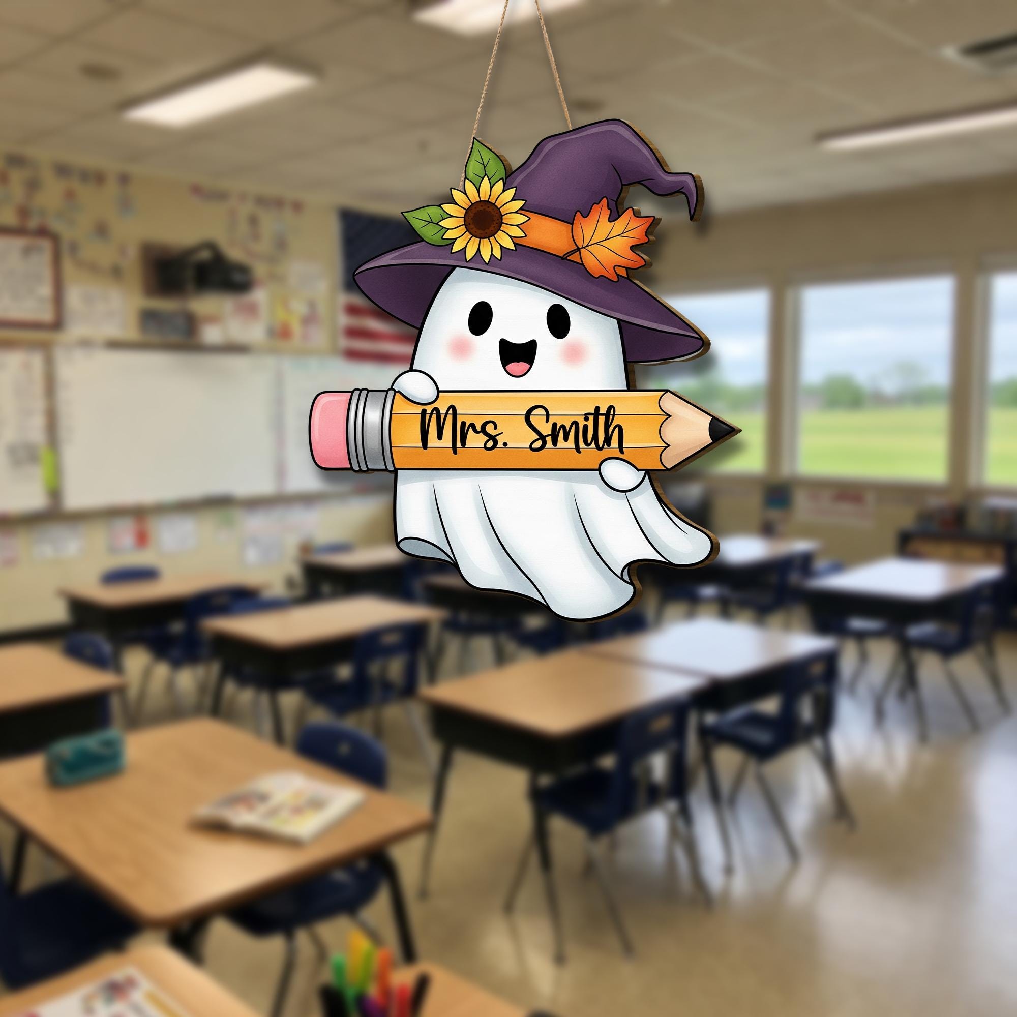 Personalized Teacher Ghost Sign – Halloween Classroom Door Hanger – Cute Fall Name Decor