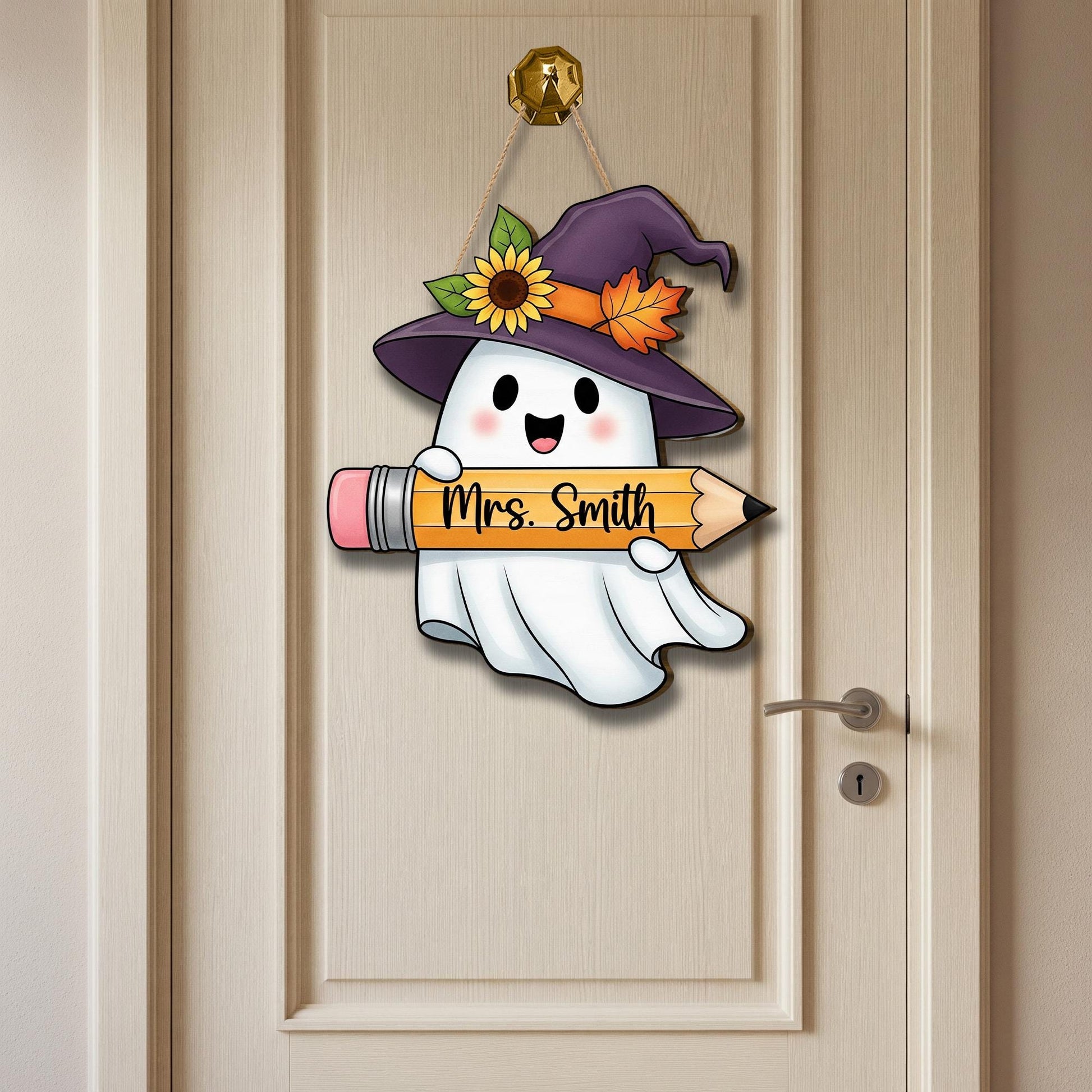 Personalized Teacher Ghost Sign – Halloween Classroom Door Hanger – Cute Fall Name Decor