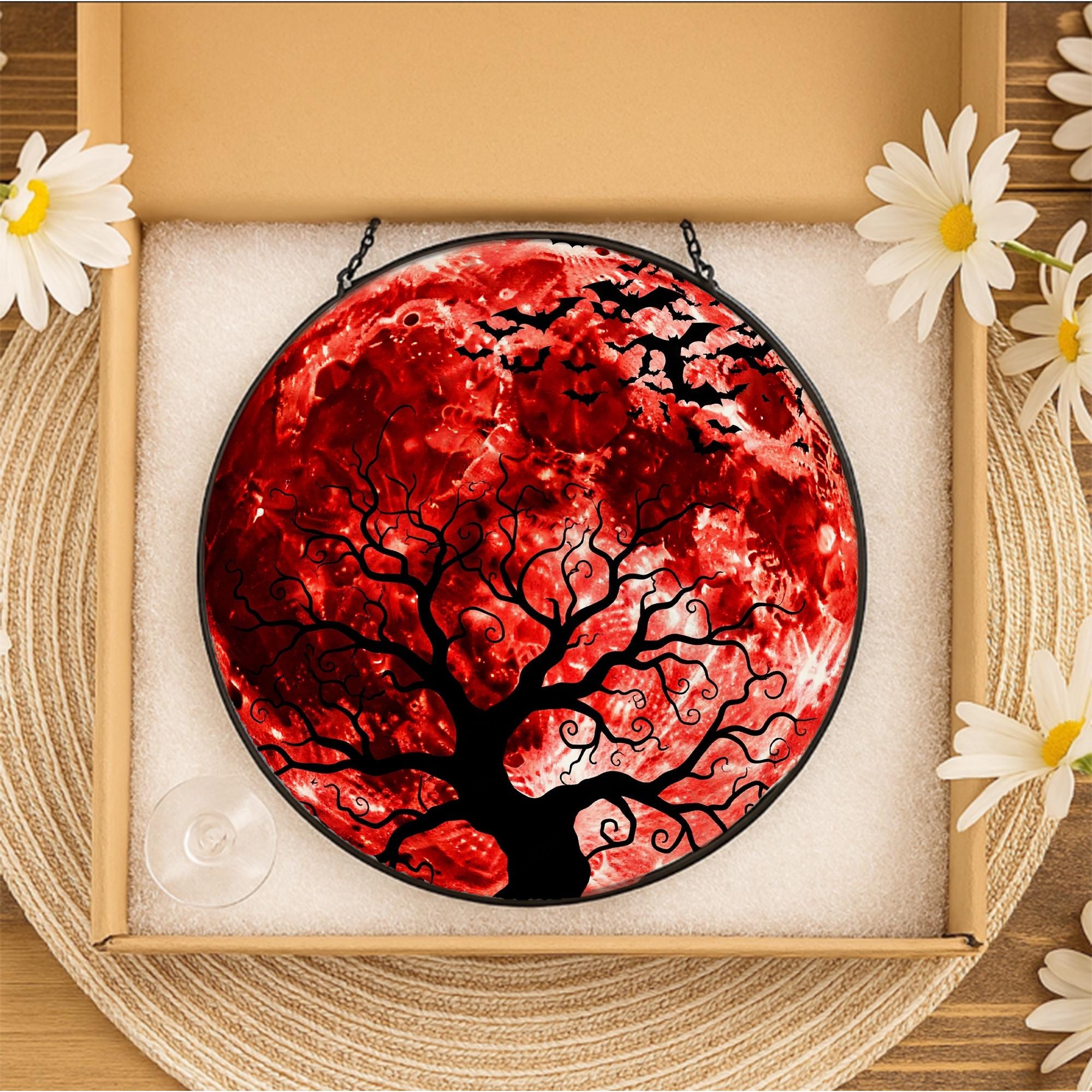 Blood Moon Tree Faux Glass Suncatcher, Halloween Window Hanging Decor, Gothic Autumn Sun Catcher, Witchy Home Fall Window Art