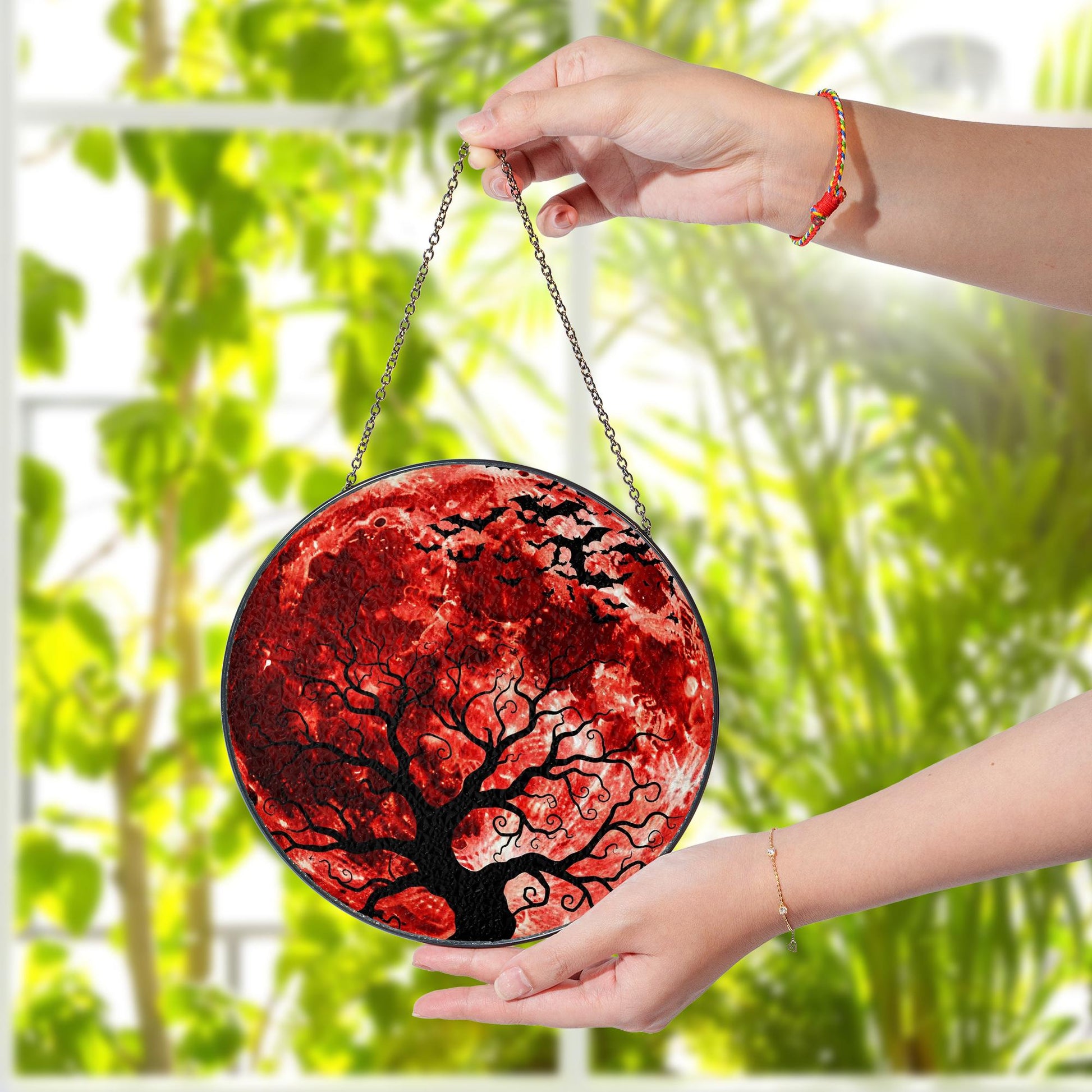 Blood Moon Tree Faux Glass Suncatcher, Halloween Window Hanging Decor, Gothic Autumn Sun Catcher, Witchy Home Fall Window Art