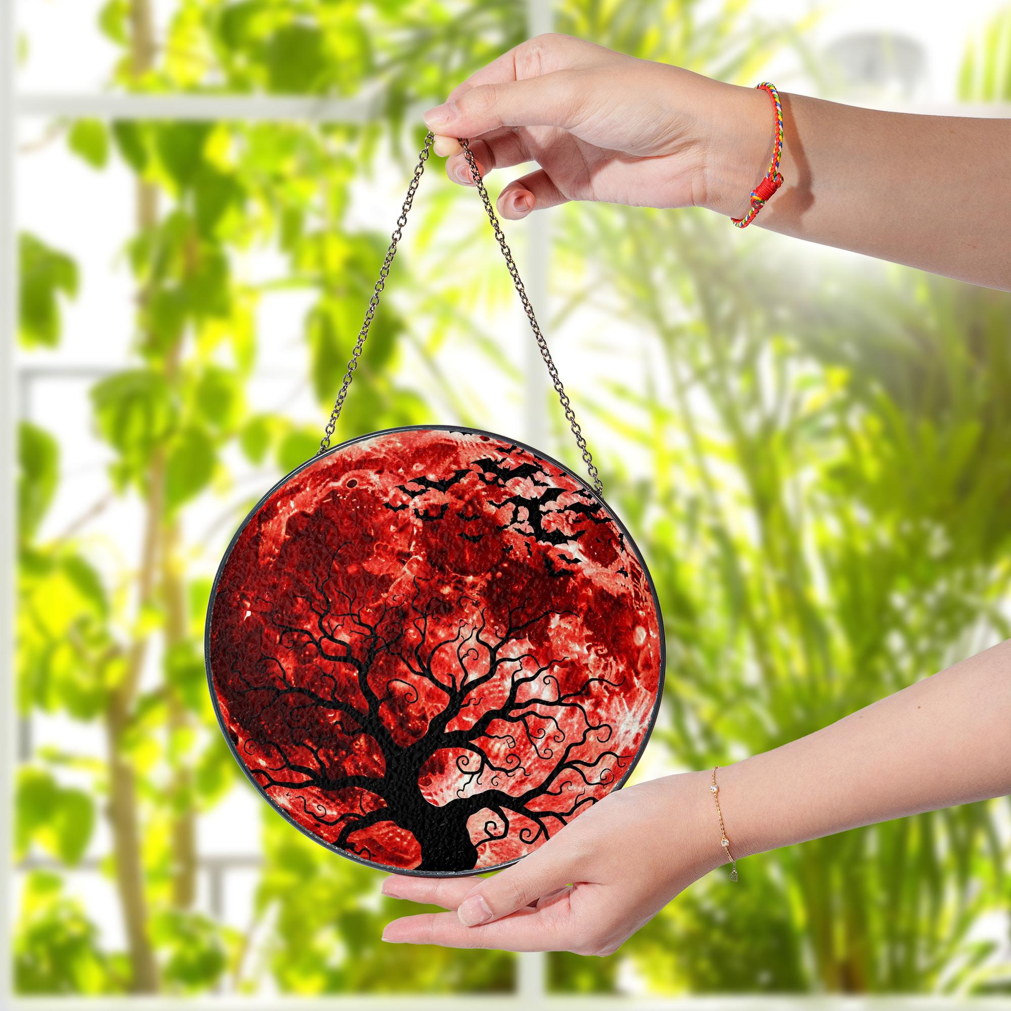Blood Moon Tree Faux Glass Suncatcher, Halloween Window Hanging Decor, Gothic Autumn Sun Catcher, Witchy Home Fall Window Art