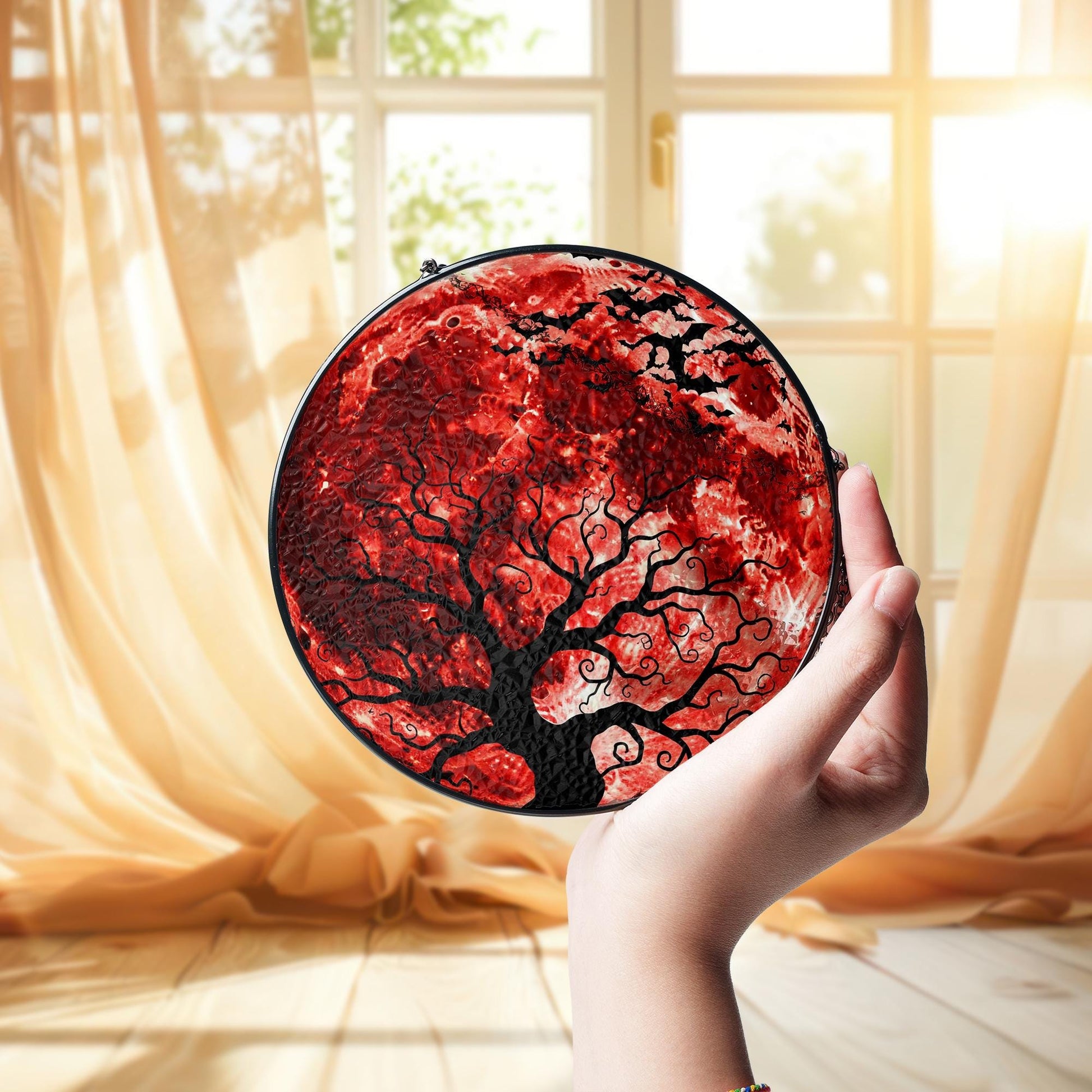 Blood Moon Tree Faux Glass Suncatcher, Halloween Window Hanging Decor, Gothic Autumn Sun Catcher, Witchy Home Fall Window Art