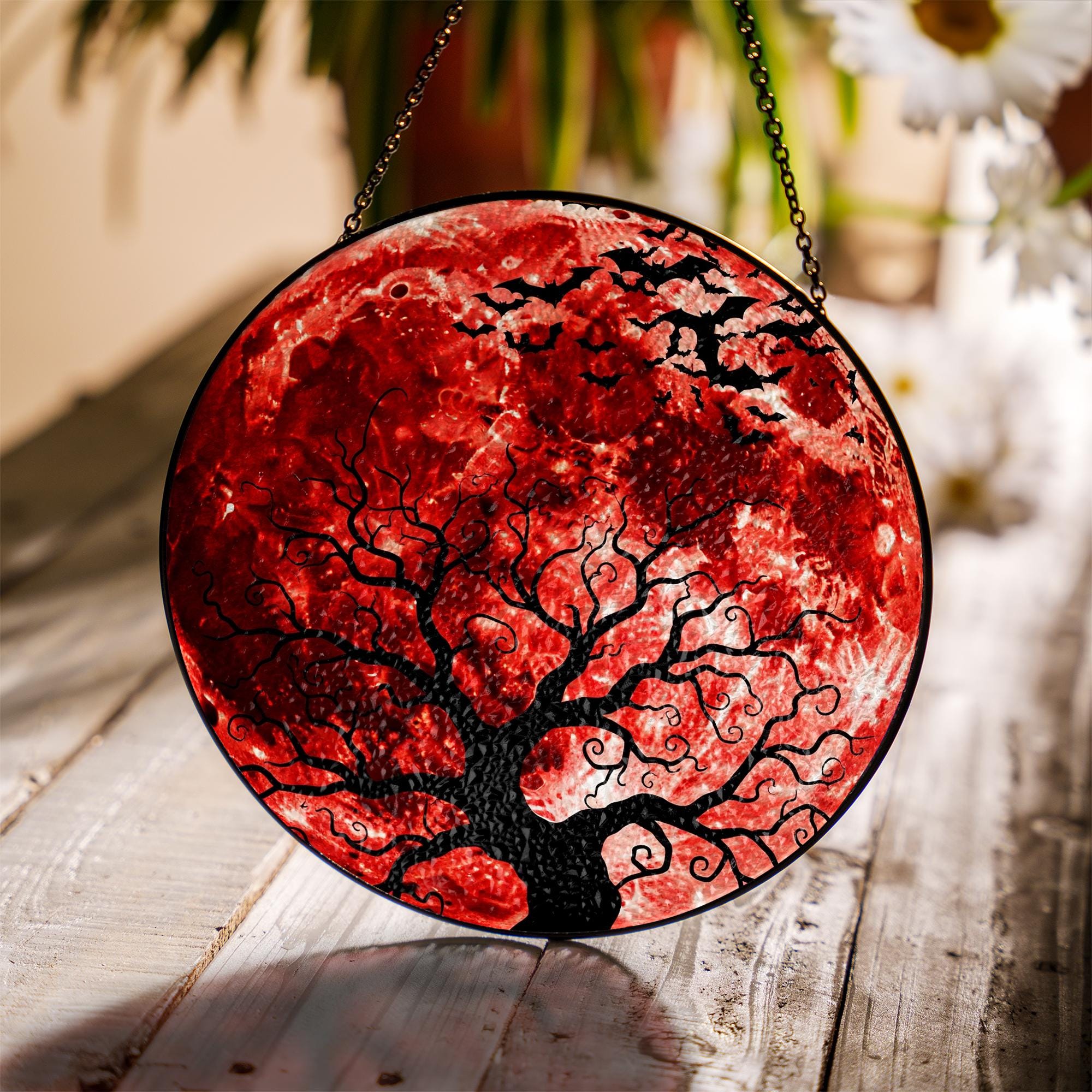 Blood Moon Tree Faux Glass Suncatcher, Halloween Window Hanging Decor, Gothic Autumn Sun Catcher, Witchy Home Fall Window Art