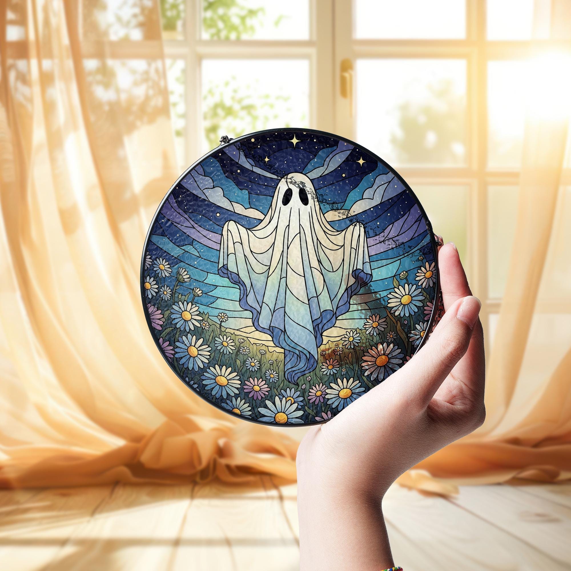 Boho Ghost Faux Glass Suncatcher, Floral Halloween Window Decor, Daisy Field Spirit Art, Cottagecore Ghost Witchy Home Gift