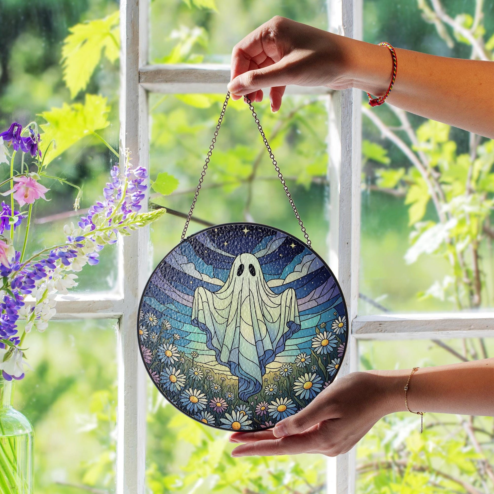Boho Ghost Faux Glass Suncatcher, Floral Halloween Window Decor, Daisy Field Spirit Art, Cottagecore Ghost Witchy Home Gift