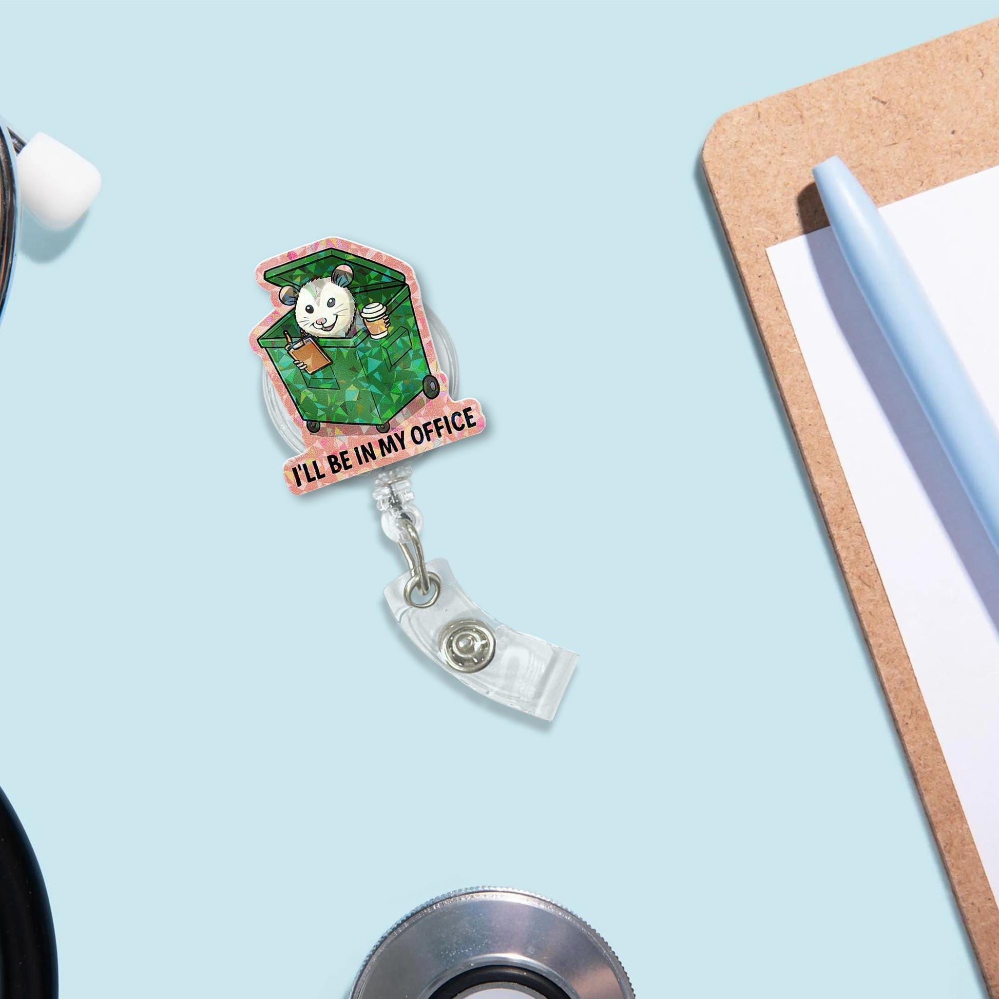 Funny Opossum Badge Reel - "I'll Be in My Office" Dumpster ID Holder | Cute Retractable Clip for Nurses, Teachers, and Office Staff