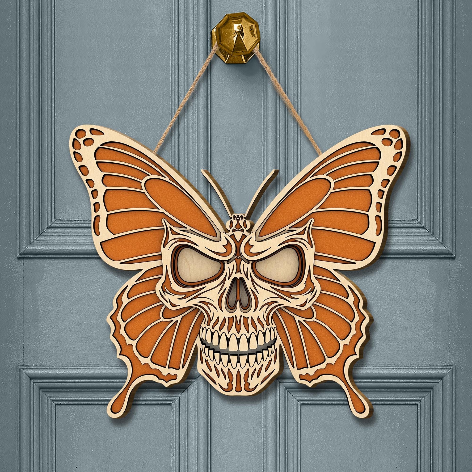 Laser Cut Skull Butterfly Door Hanger – Halloween Wall Decor, Gothic Butterfly Sign, Spooky Fall Home Decoration, Skull Art Wooden Ornament