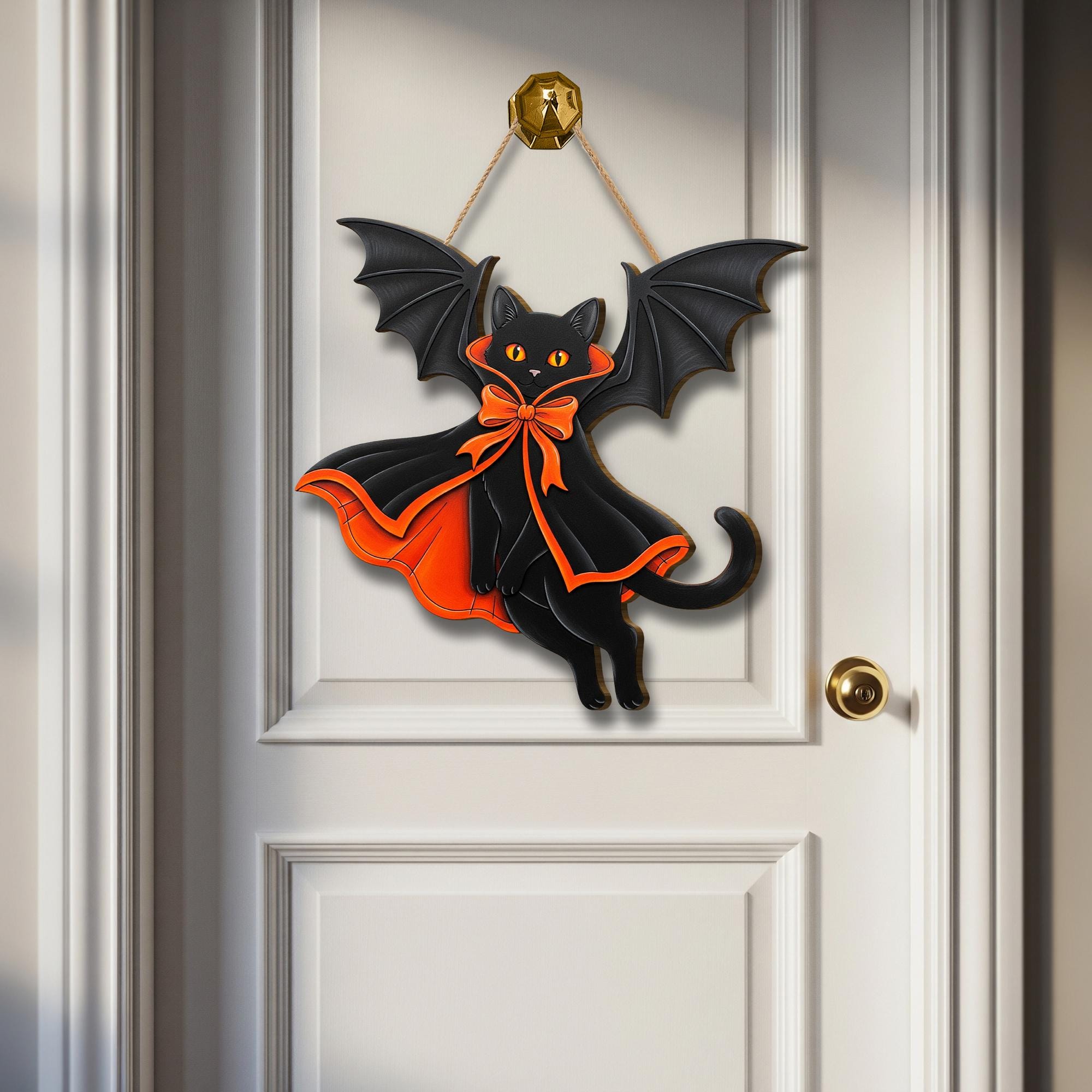 Black Cat Bat Door Hanger – Halloween Cat Wall Decor, Cute Vampire Cat Sign, Gothic Fall Door Decoration, Spooky Wooden Cat Ornament