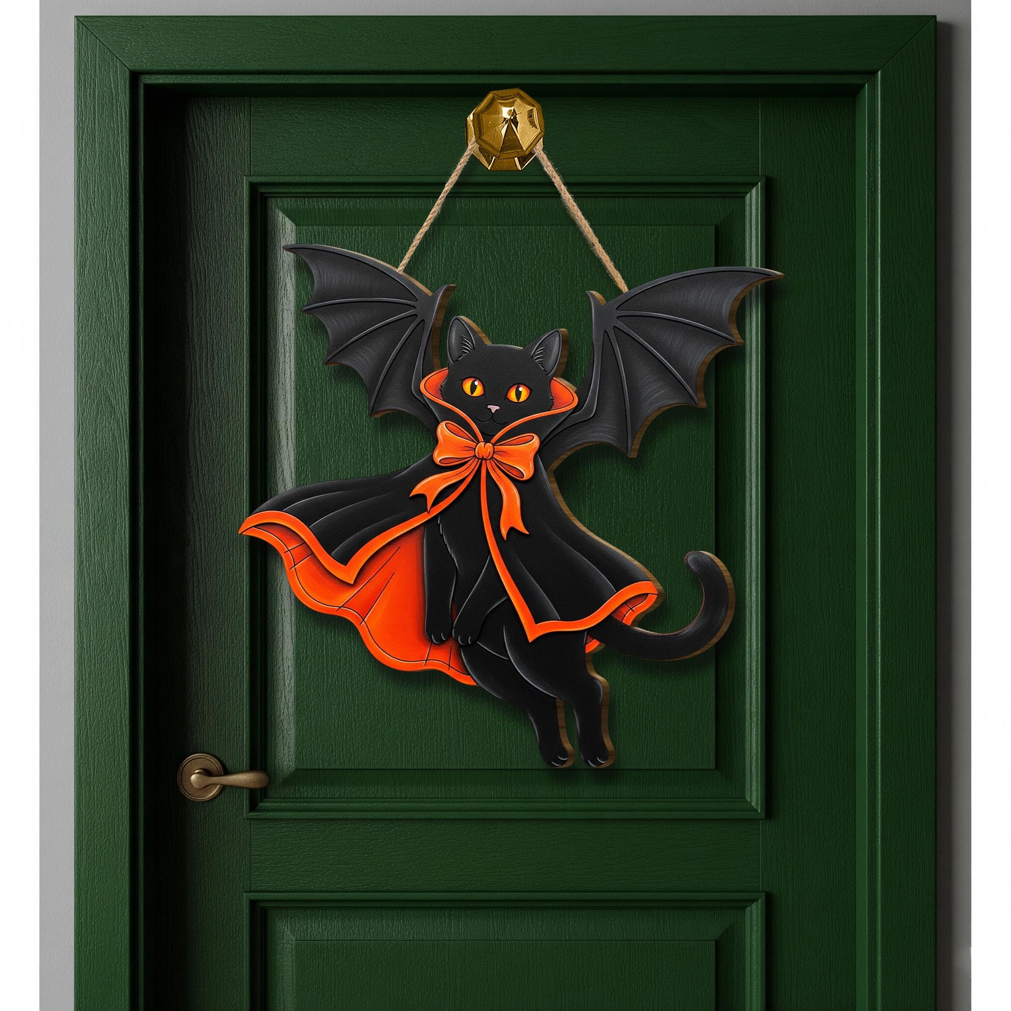 Black Cat Bat Door Hanger – Halloween Cat Wall Decor, Cute Vampire Cat Sign, Gothic Fall Door Decoration, Spooky Wooden Cat Ornament