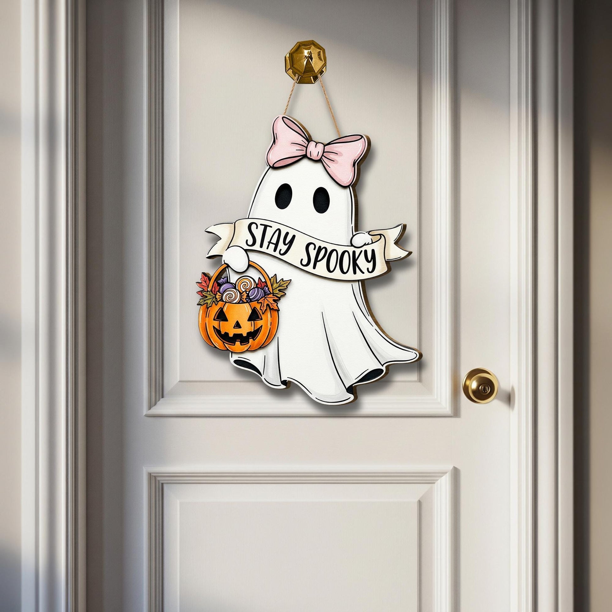 Stay Spooky Ghost Door Sign, Cute Halloween Wooden Hanger with Bow and Pumpkin Basket, Fall Porch Decor, Spooky Front Door Accent