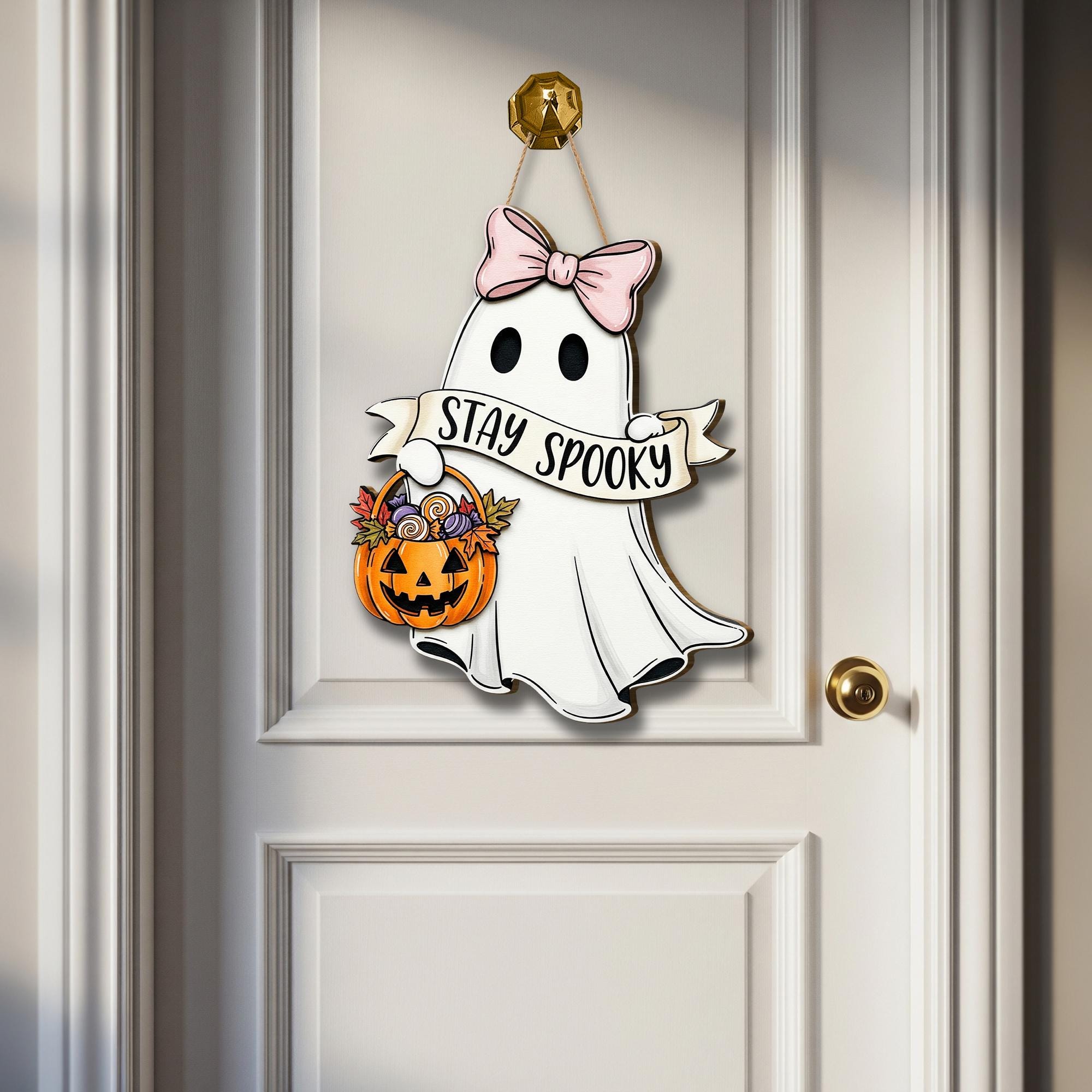 Stay Spooky Ghost Door Sign, Cute Halloween Wooden Hanger with Bow and Pumpkin Basket, Fall Porch Decor, Spooky Front Door Accent