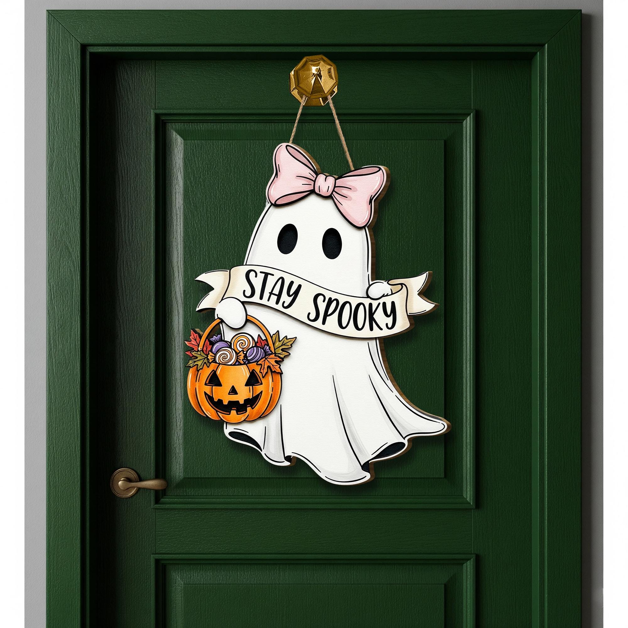 Stay Spooky Ghost Door Sign, Cute Halloween Wooden Hanger with Bow and Pumpkin Basket, Fall Porch Decor, Spooky Front Door Accent