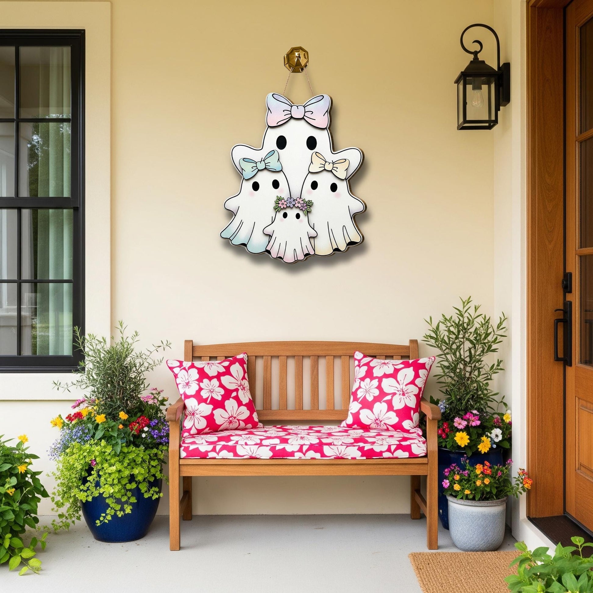Pastel Ghost Family Wooden Door Sign, Cute Halloween Decor with Bows and Flowers, Spooky Season Porch or Wall Hanging, Fall Entry Accent