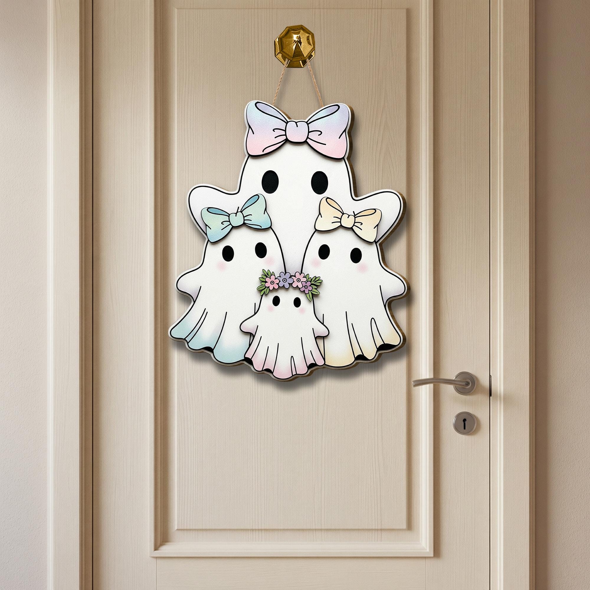 Pastel Ghost Family Wooden Door Sign, Cute Halloween Decor with Bows and Flowers, Spooky Season Porch or Wall Hanging, Fall Entry Accent